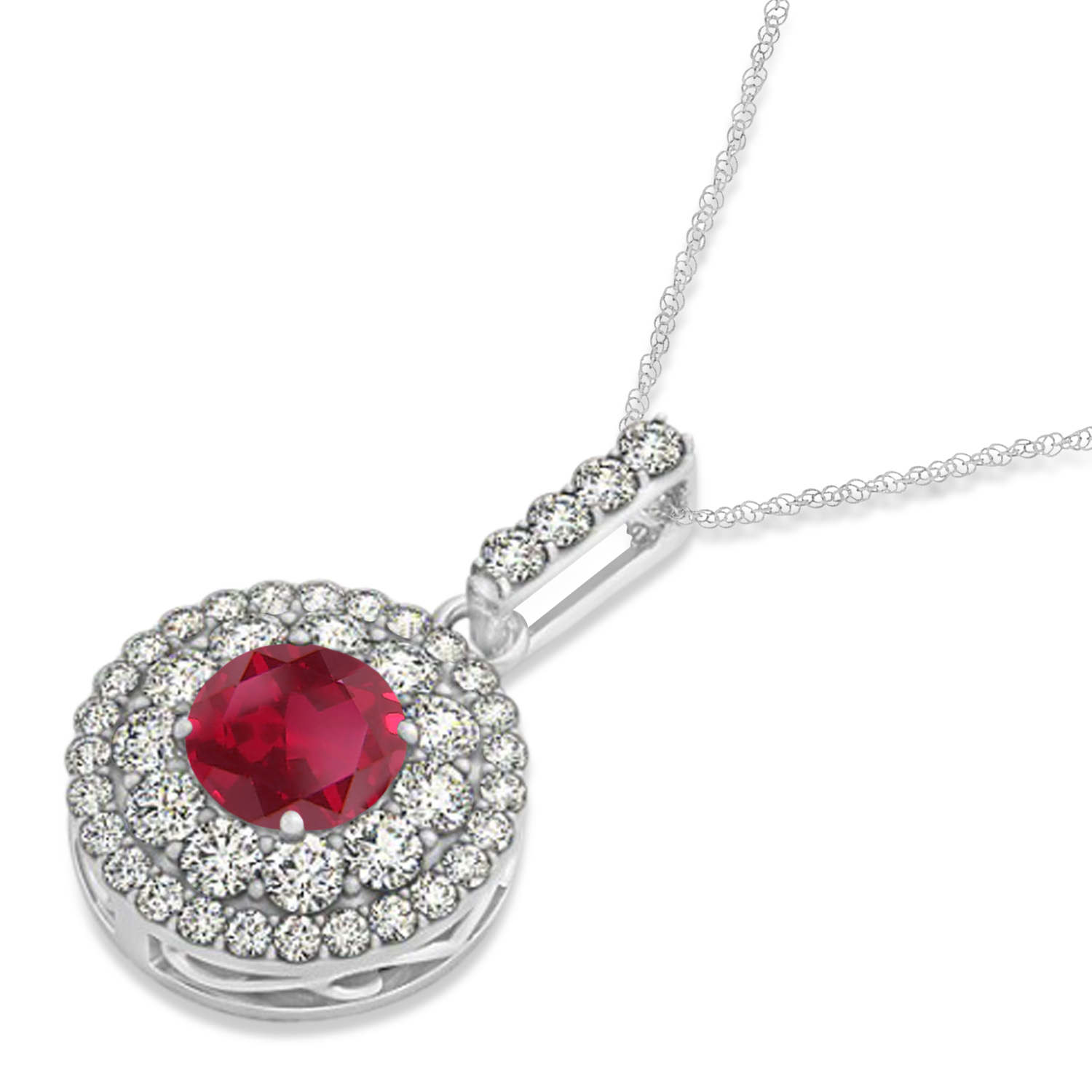 Round Double Halo Diamond & Ruby Pendant 14k White Gold 1.46ct