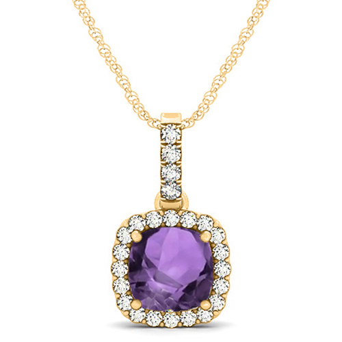 Amethyst & Diamond Halo Cushion Pendant Necklace 14k Yellow Gold (1.66ct)