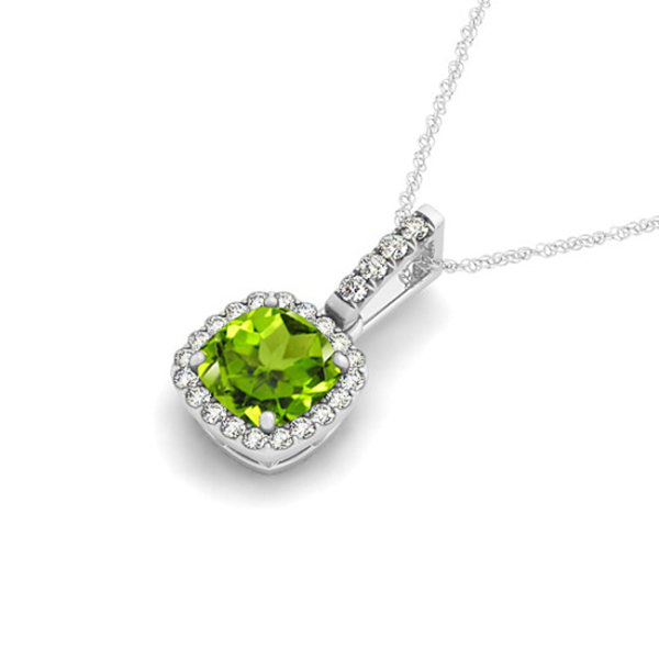 Peridot & Diamond Halo Cushion Pendant Necklace 14k White Gold (1.66ct)