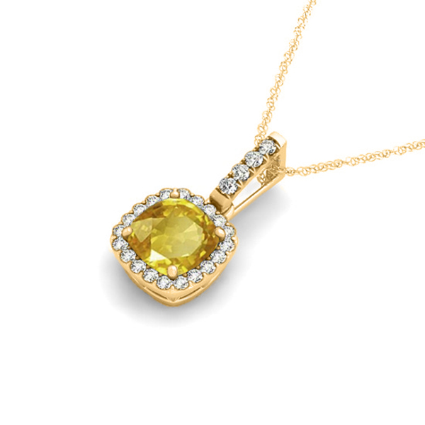 Yellow Sapphire & Diamond Halo Cushion Pendant Necklace 14k Yellow Gold (0.85ct)