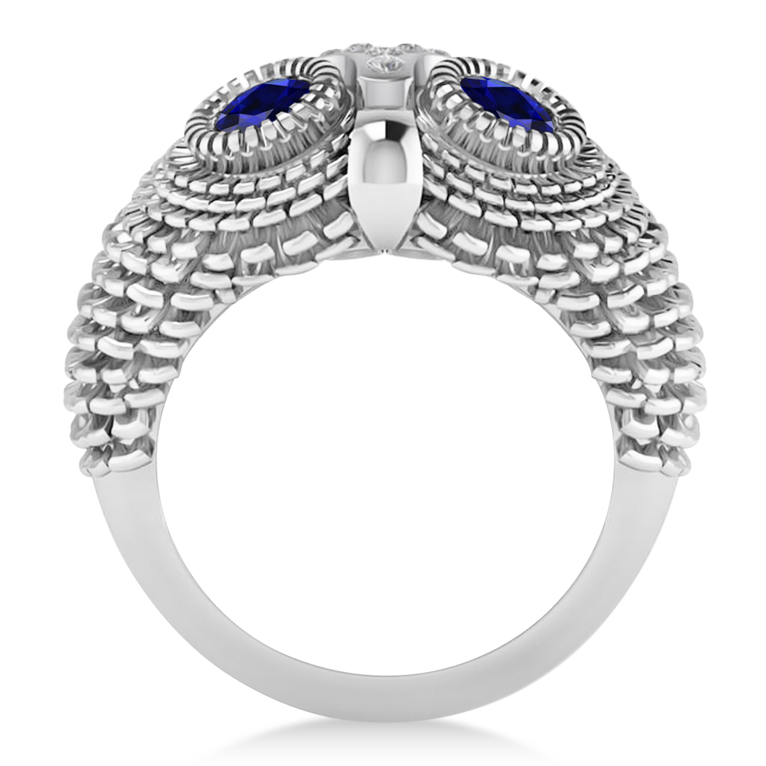 Men's Owl Diamond & Blue Sapphire Accented Fashion Ring 14k White Gold (0.74ct)