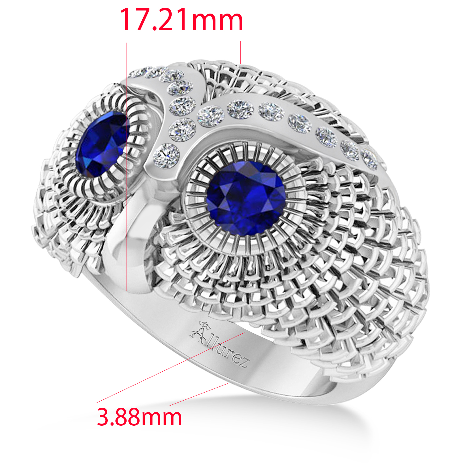 Men's Owl Diamond & Blue Sapphire Accented Fashion Ring 14k White Gold (0.74ct)