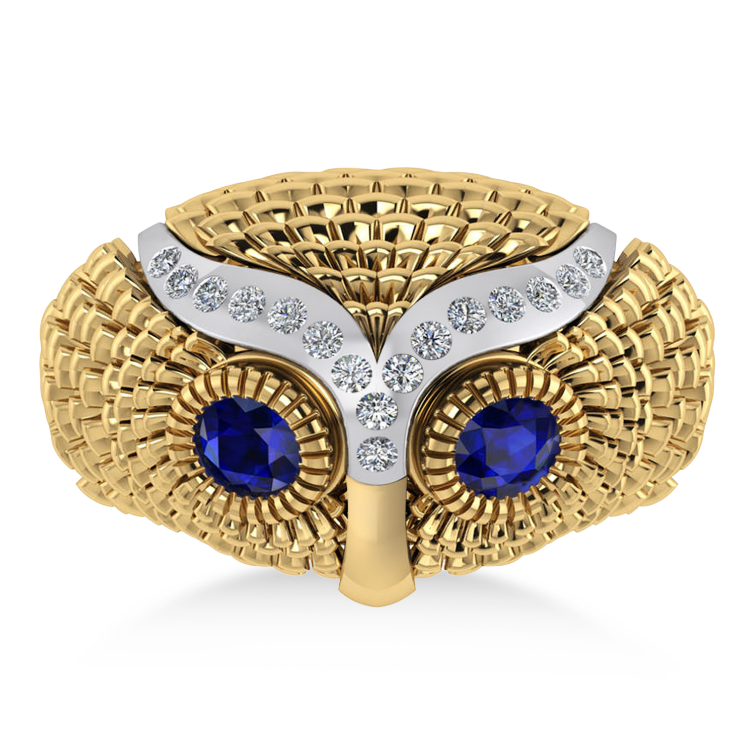 Men's Owl Diamond & Blue Sapphire Accented Fashion Ring 14k Yellow Gold (0.74ct)