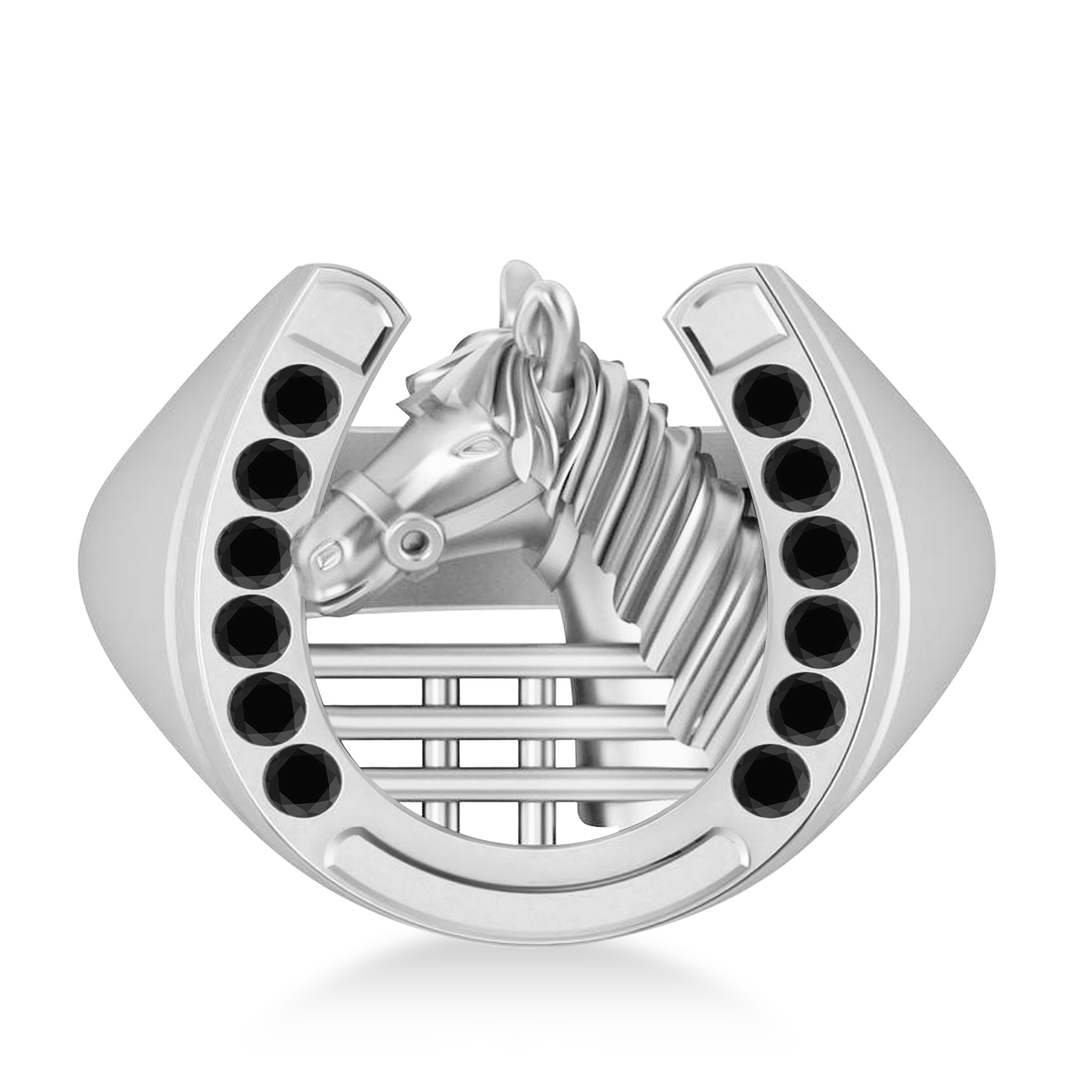 Men's Black Diamond Stallion & Horseshoe Fashion Ring 14k White Gold (0.36 ctw)