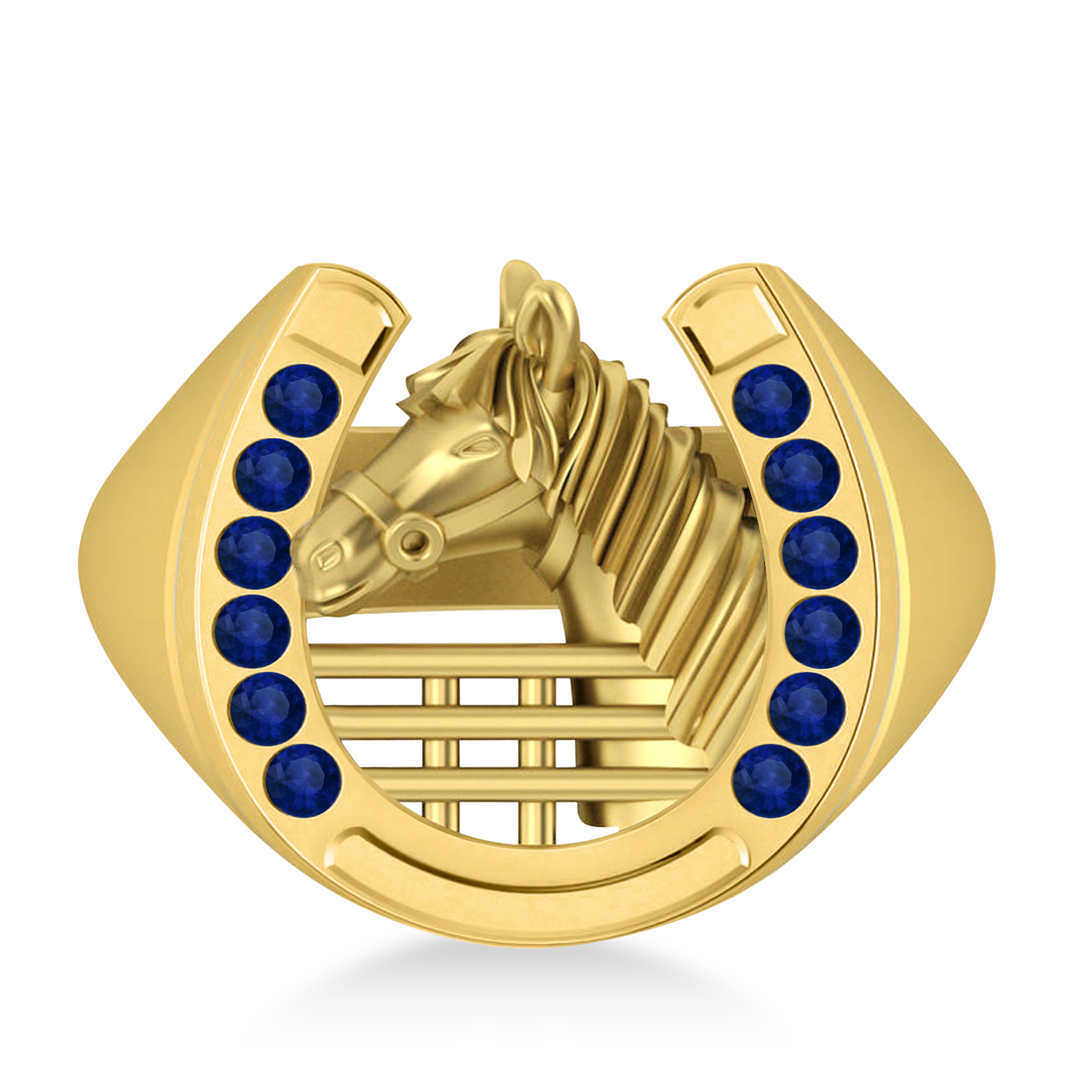 Men's Blue Sapphire Stallion & Horseshoe Fashion Ring 14k Yellow Gold (0.36 ctw)