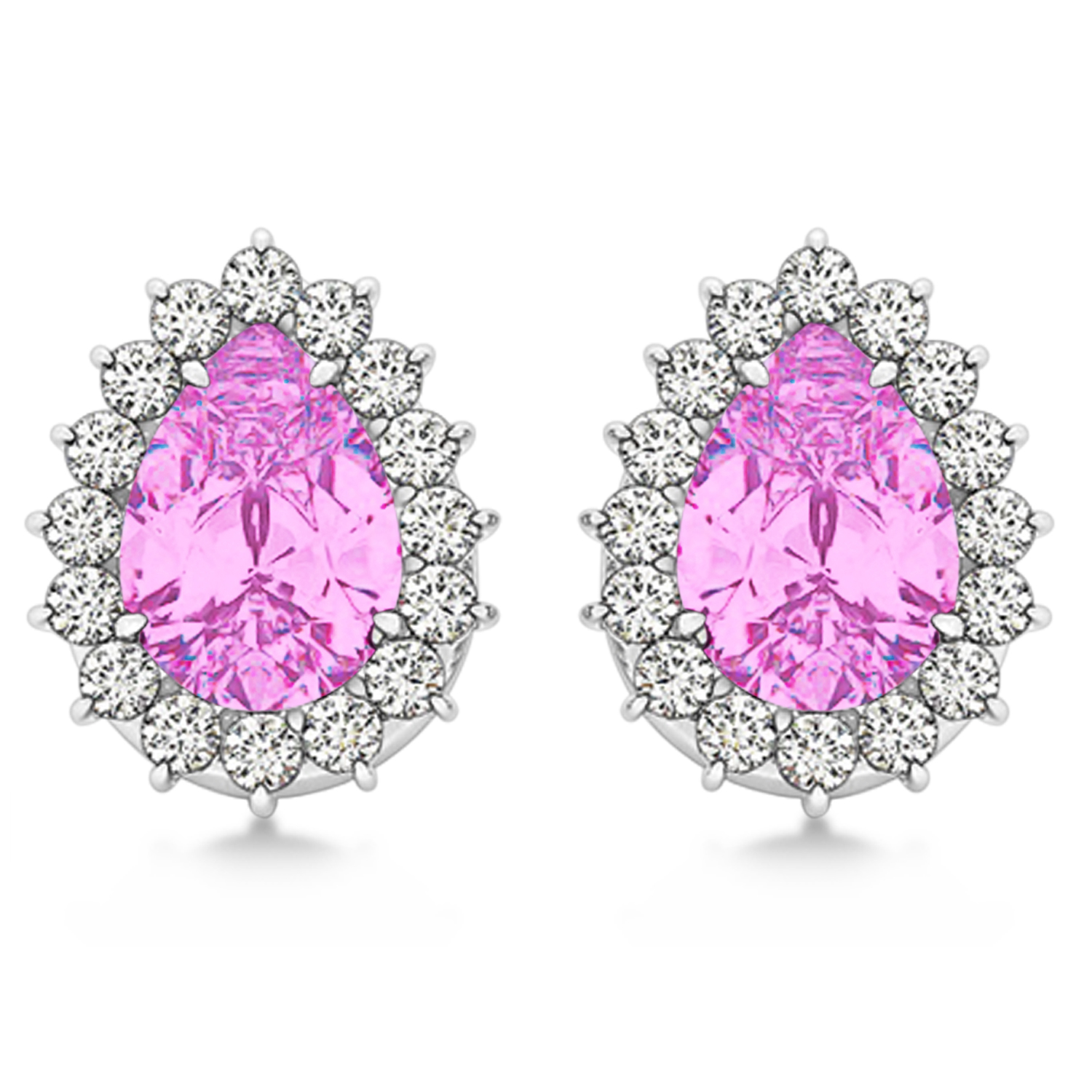 Pear Cut Diamond & Pink Sapphire Halo Earrings 14k White Gold (1.25ct)