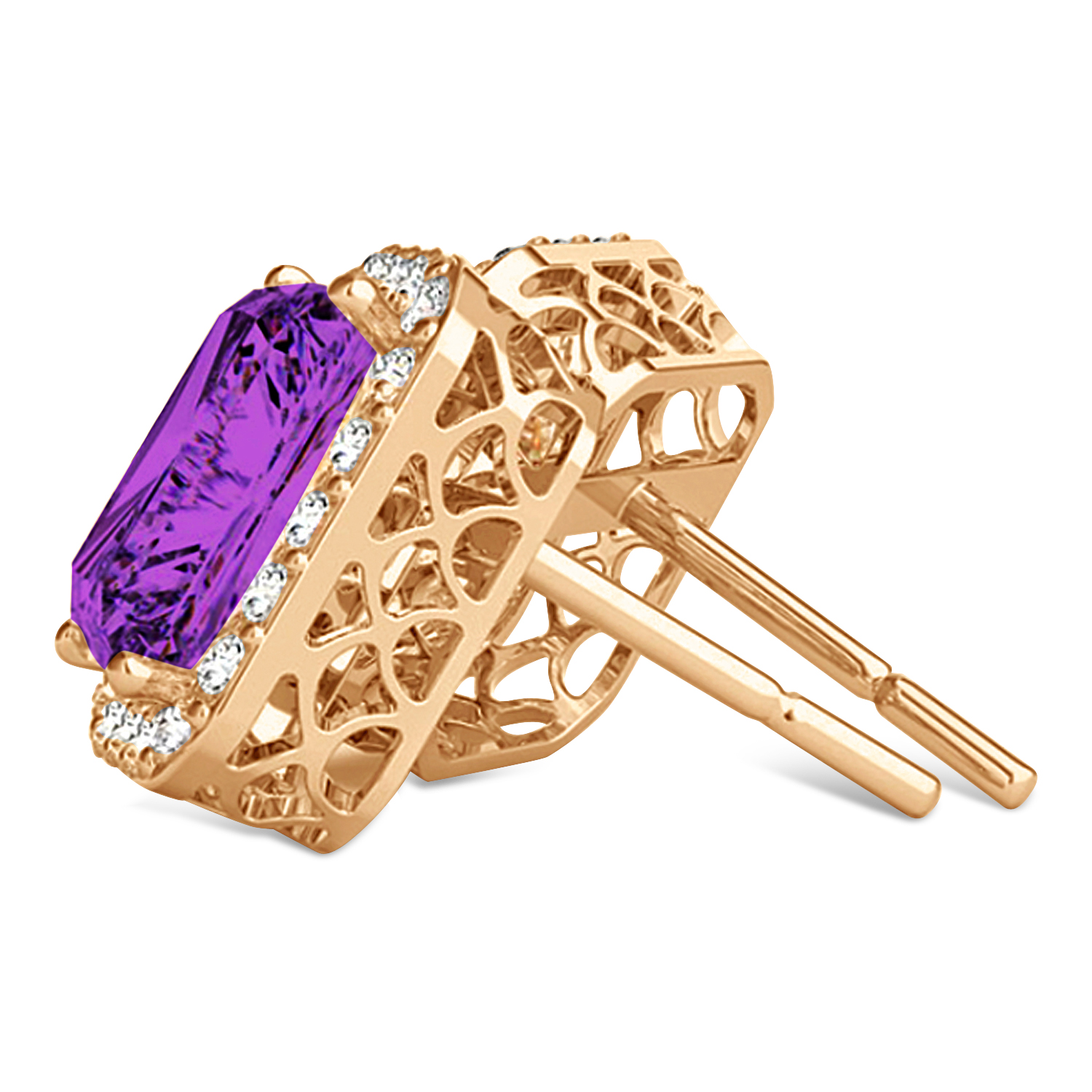 Emerald Cut Amethyst & Diamond Halo Earrings 14k Rose Gold (2.30ct)