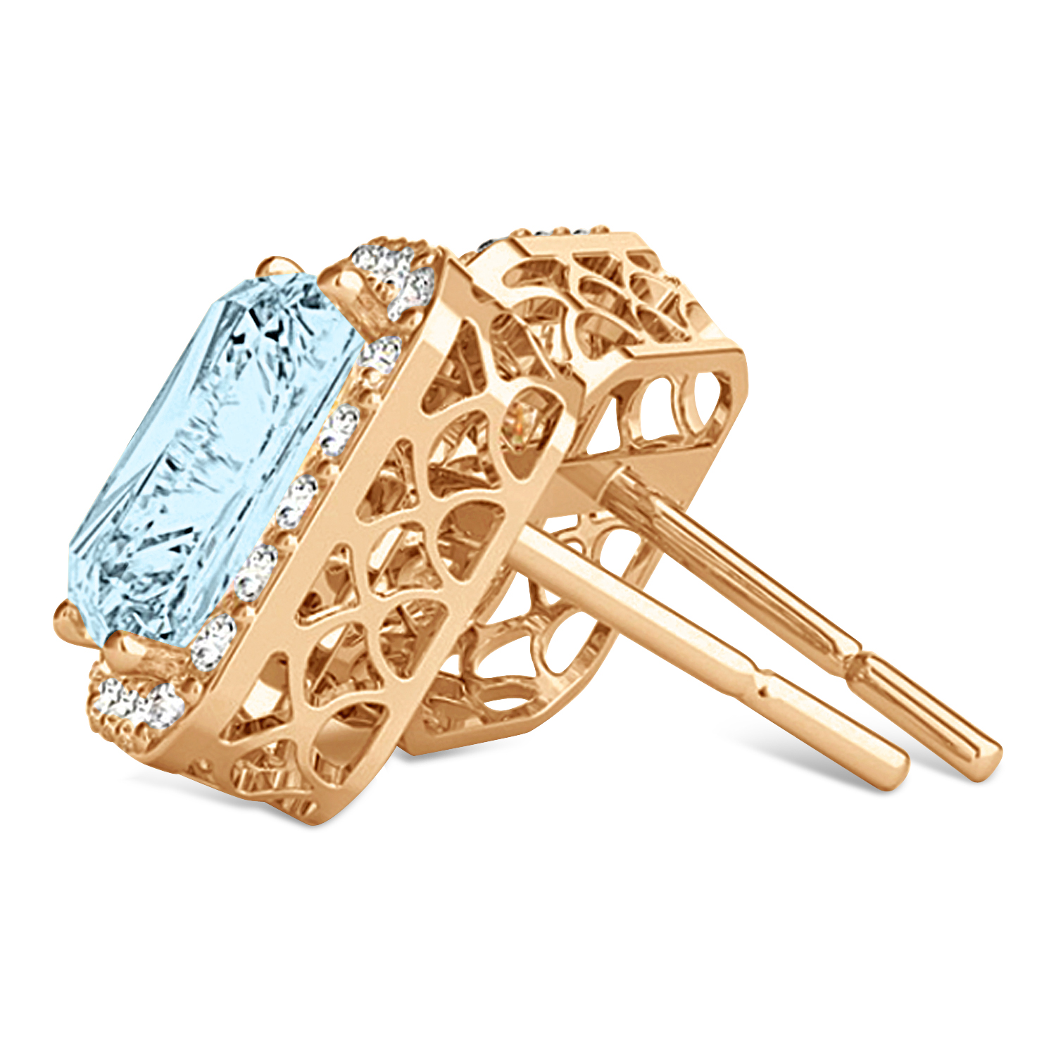 Emerald Cut Aquamarine & Diamond Halo Earrings 14k Rose Gold (1.80ct)