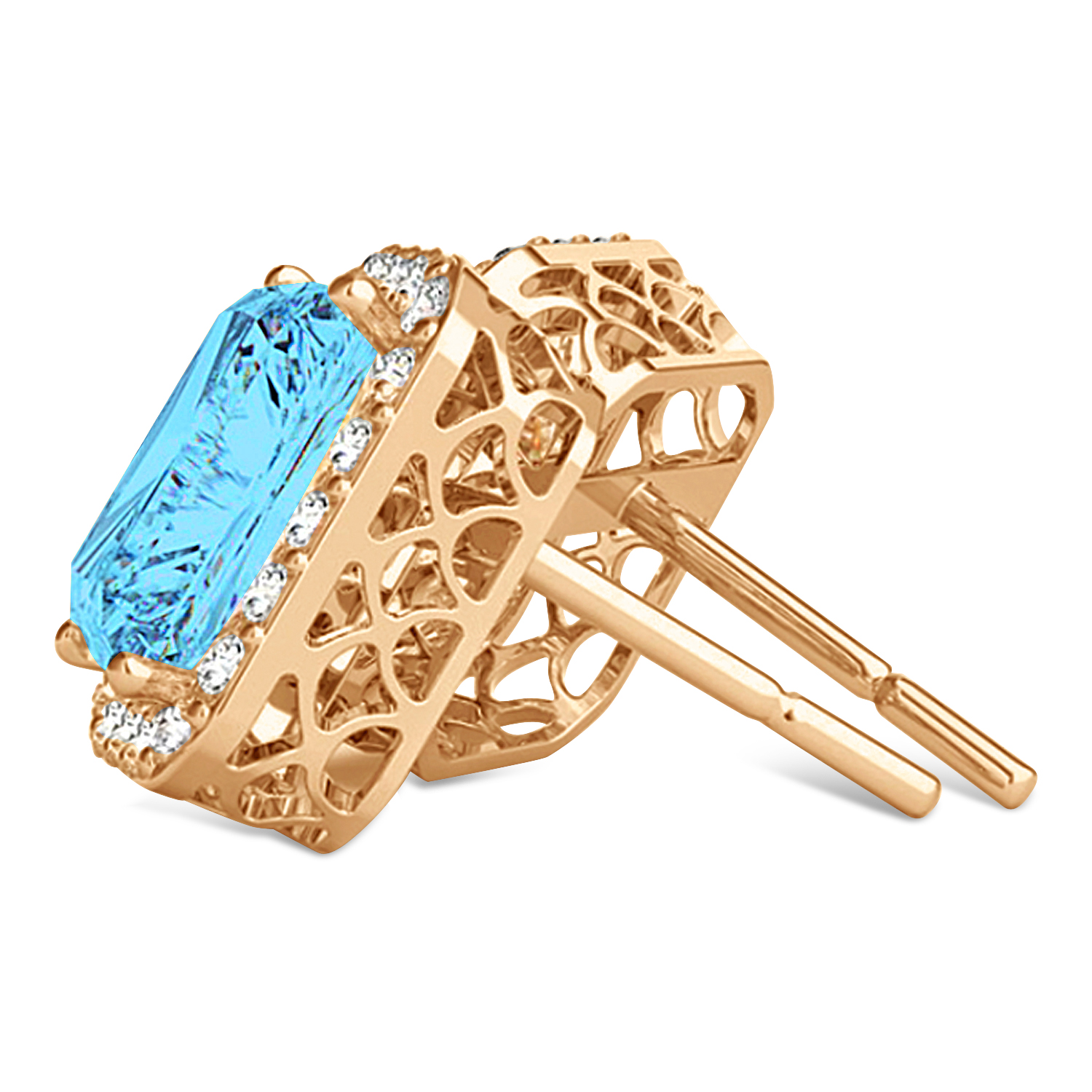 Emerald Cut Blue Topaz & Diamond Halo Earrings 14k Rose Gold (2.80ct)