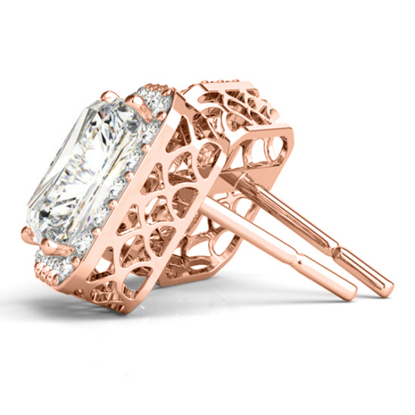 Emerald Cut Moissanite & Diamond Halo Earrings 14k Rose Gold (2.42ct)