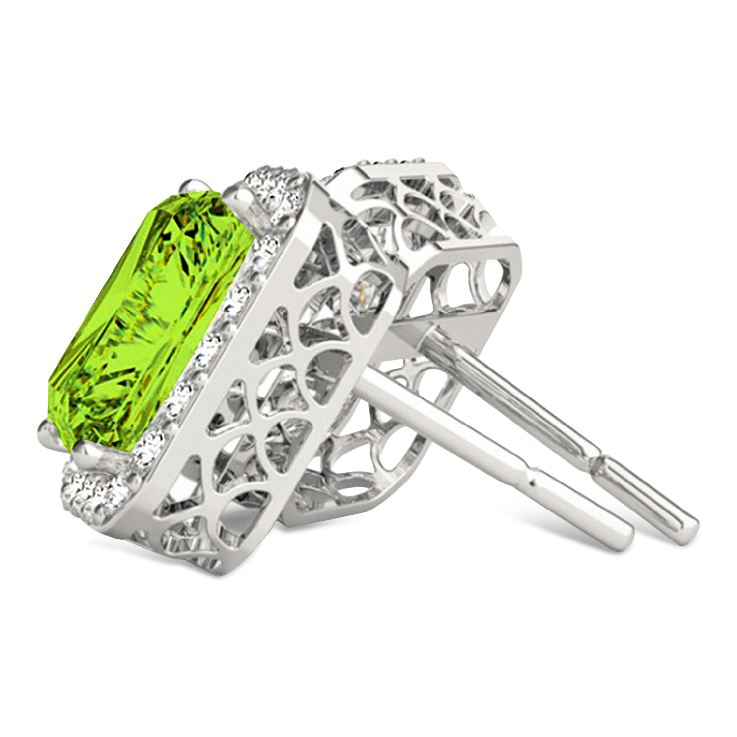 Emerald Cut Peridot & Diamond Halo Earrings 14k White Gold (2.30ct)