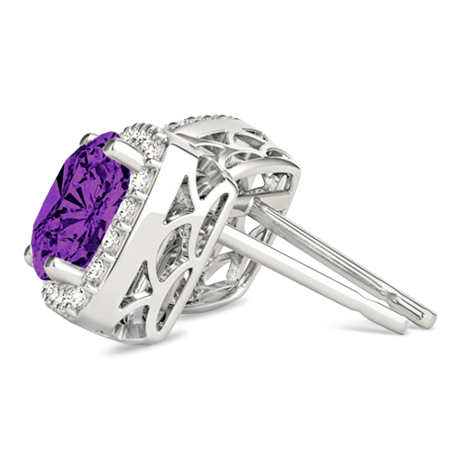 Cushion Cut Amethyst & Diamond Halo Earrings 14k White Gold (1.50ct)