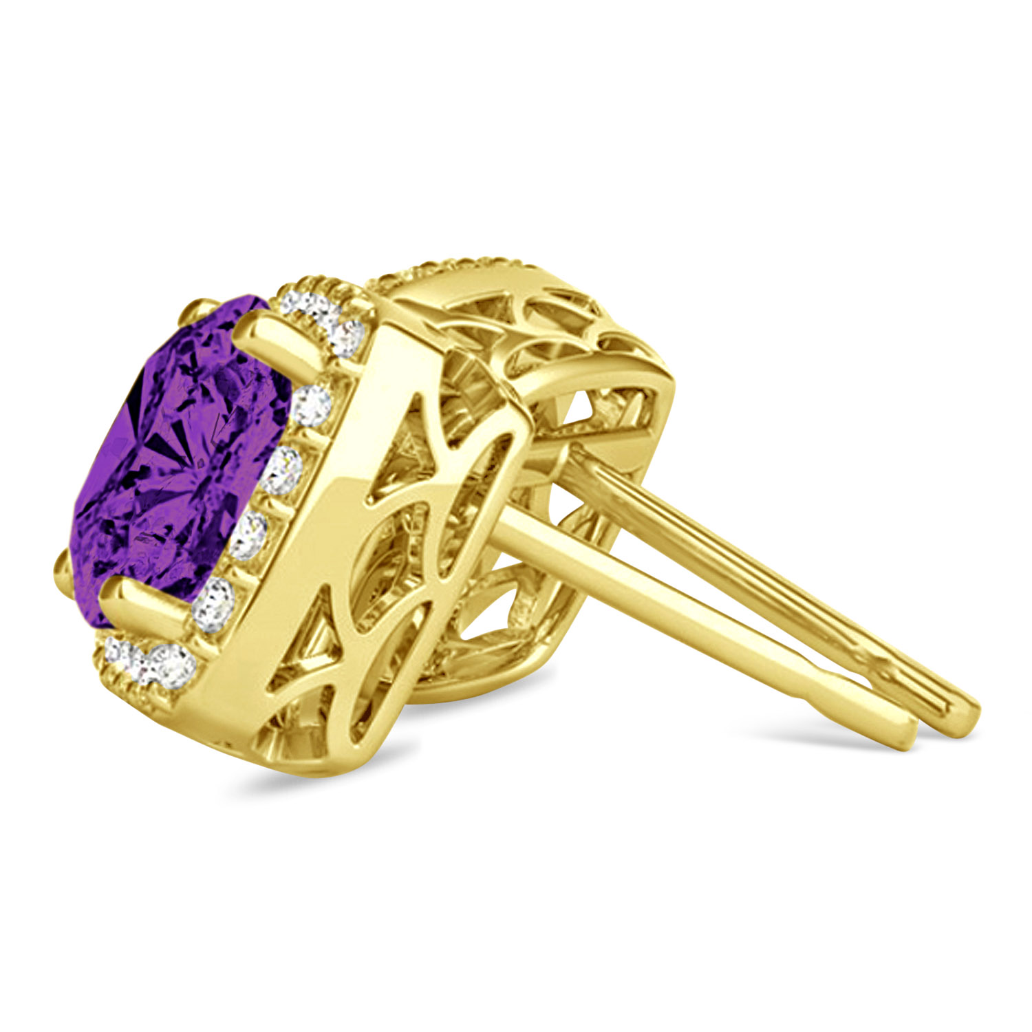 Cushion Cut Amethyst & Diamond Halo Earrings 14k Yellow Gold (1.50ct)