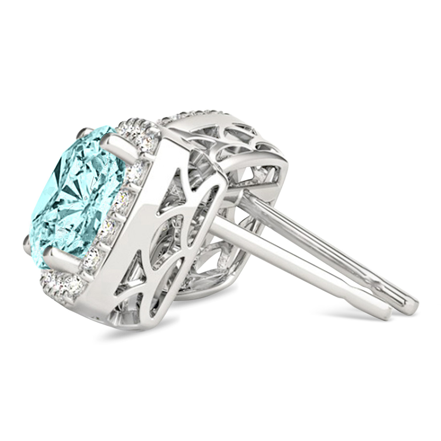 Cushion Cut Aquamarine & Diamond Halo Earrings 14k White Gold (1.50ct)