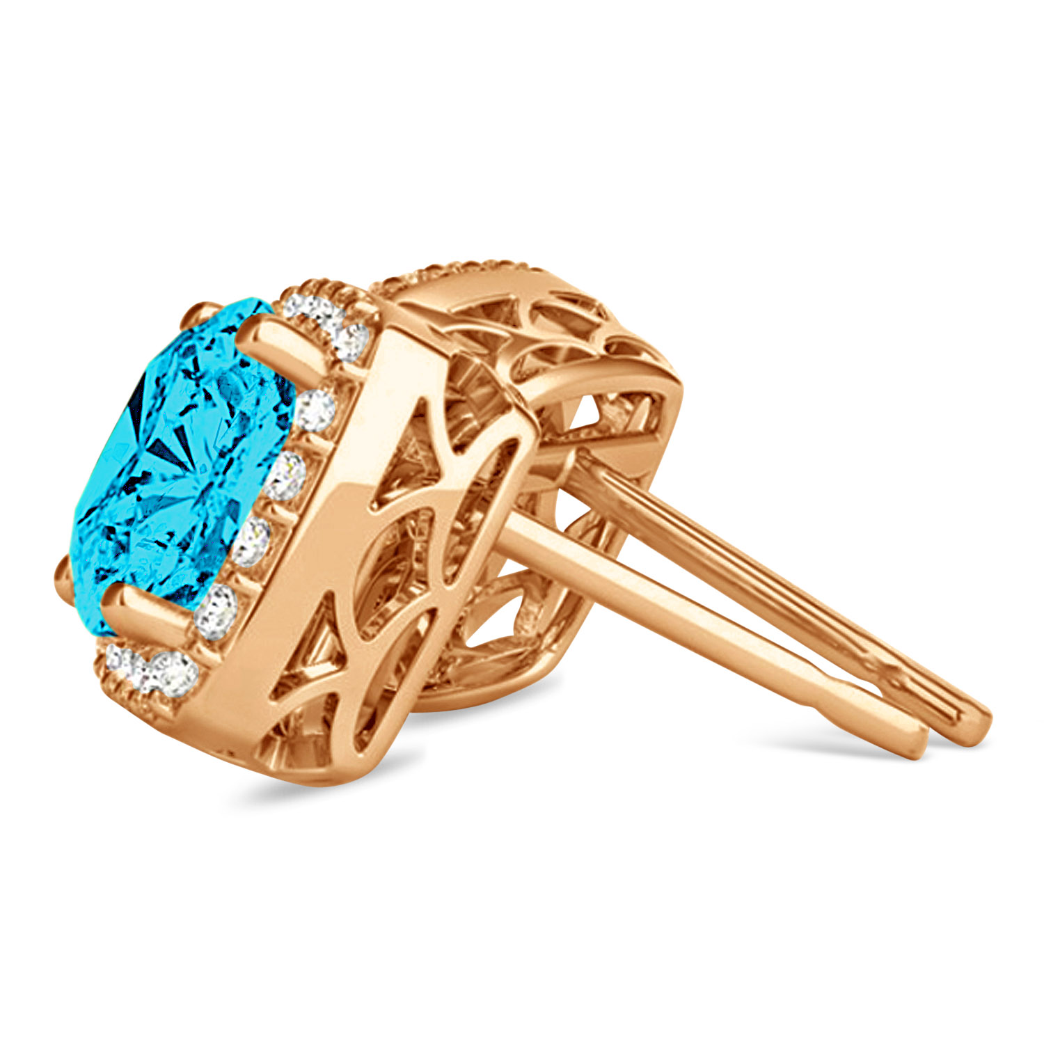 Cushion Cut Blue & White Diamond Halo Earrings 14k Rose Gold (1.22ct)