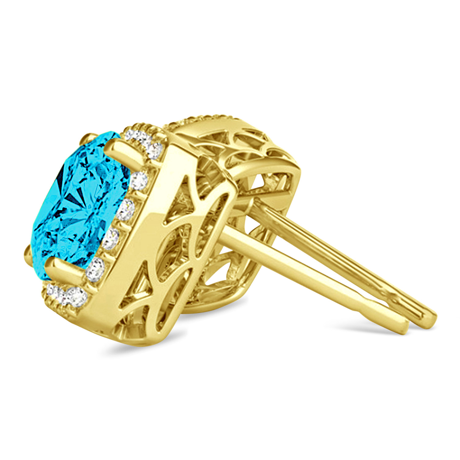 Cushion Cut Blue & White Diamond Halo Earrings 14k Yellow Gold (1.22ct)