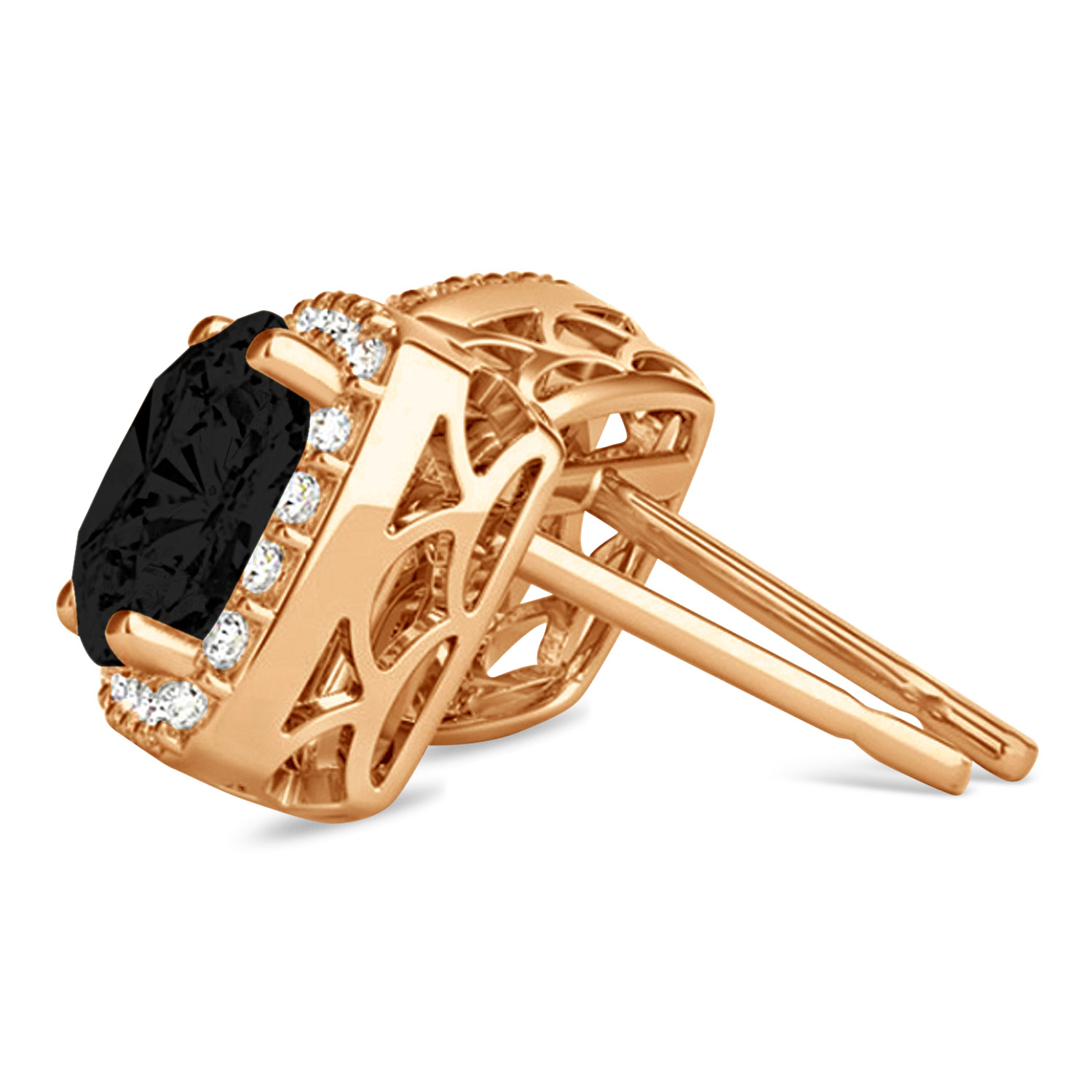 Cushion Cut Black & White Diamond Halo Earrings 14k Rose Gold (1.22ct)