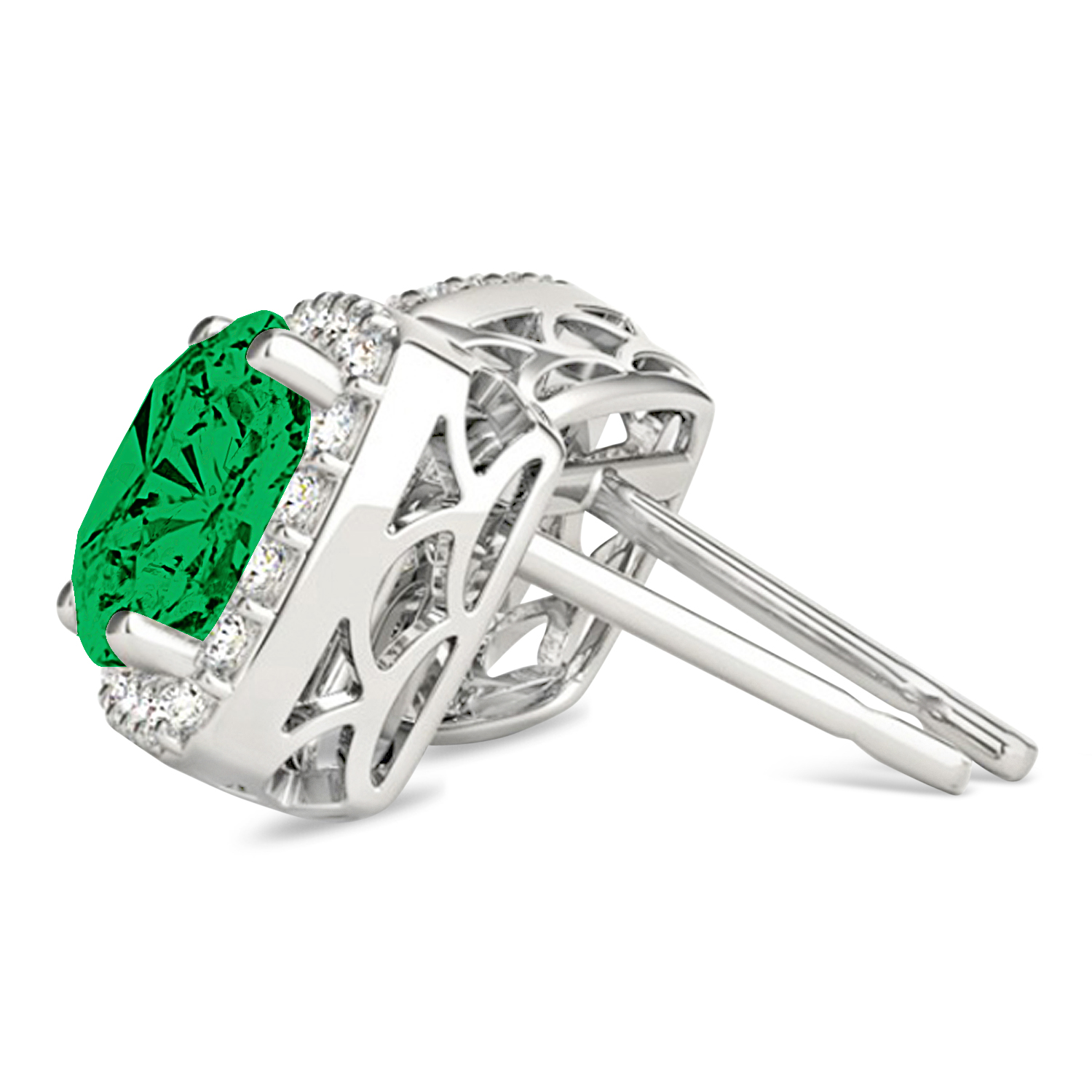 Cushion Cut Emerald & Diamond Halo Earrings 14k White Gold (1.50ct)