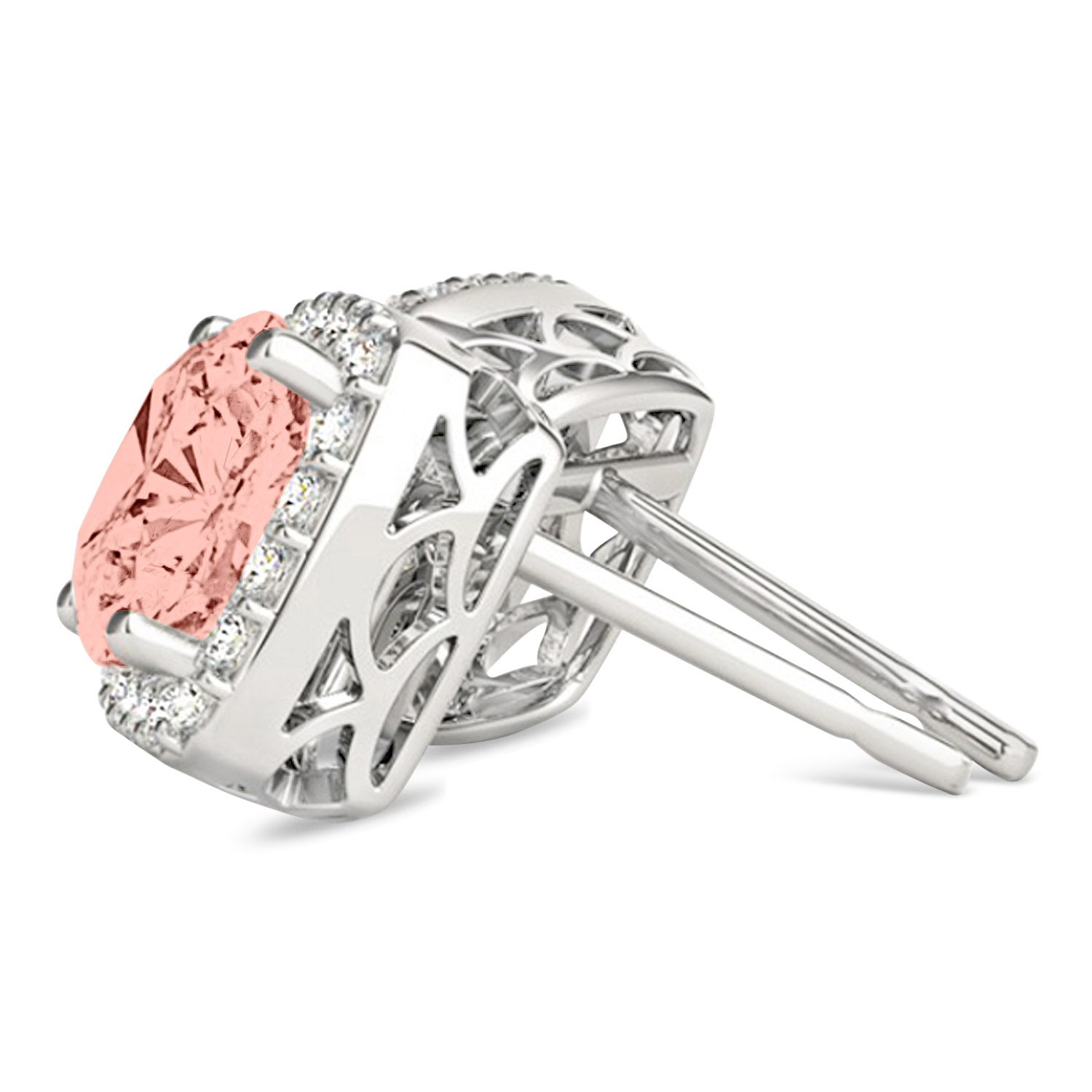 Cushion Cut Morganite & Diamond Halo Earrings 14k White Gold (1.50ct)