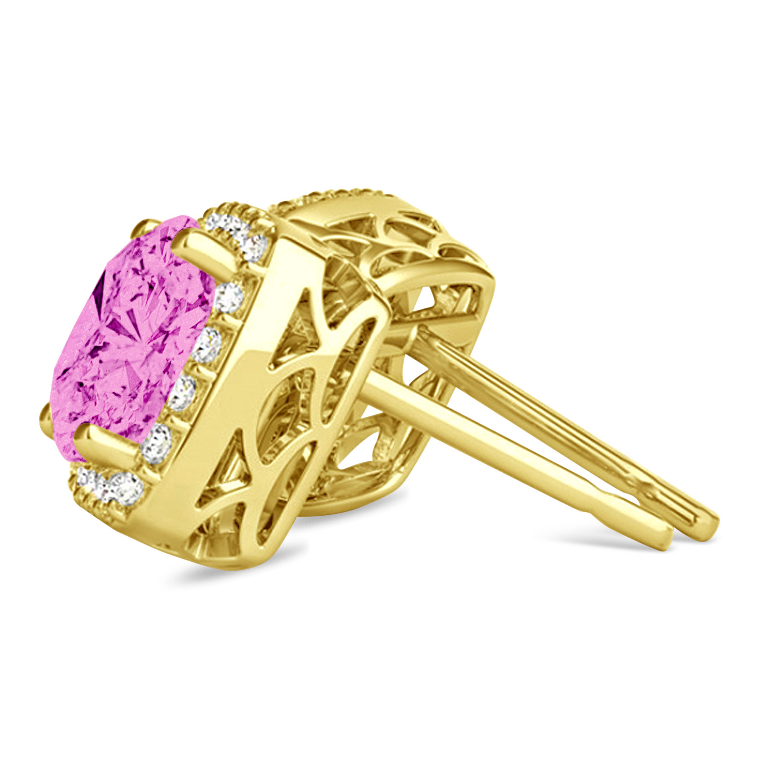 Cushion Cut Pink Sapphire & Diamond Halo Earrings 14k Yellow Gold (1.50ct)