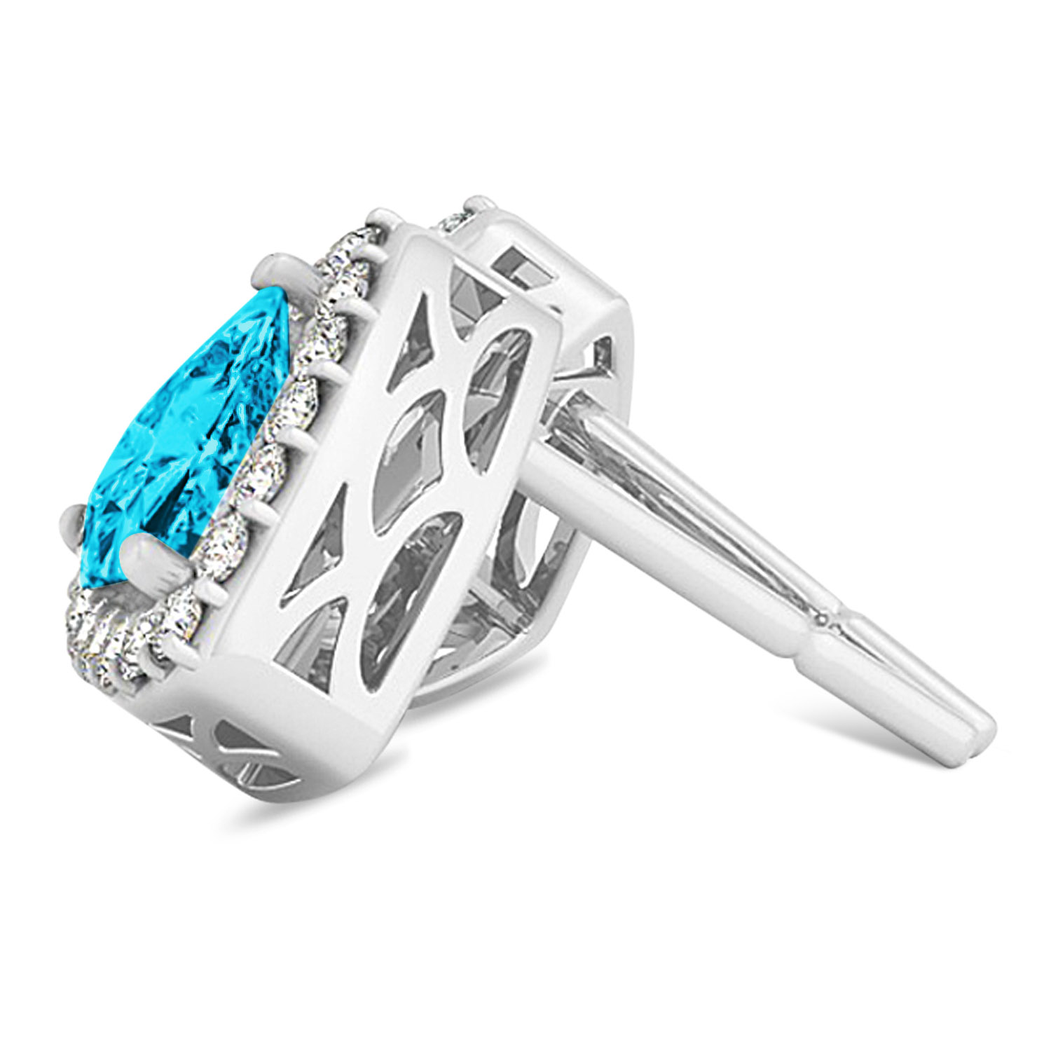 Trilliant Cut Blue & White Diamond Halo Earrings 14k White Gold (1.07ct)