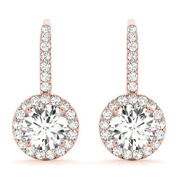 Round Diamond Halo Dangling Earrings 14k Rose Gold (0.73ct)