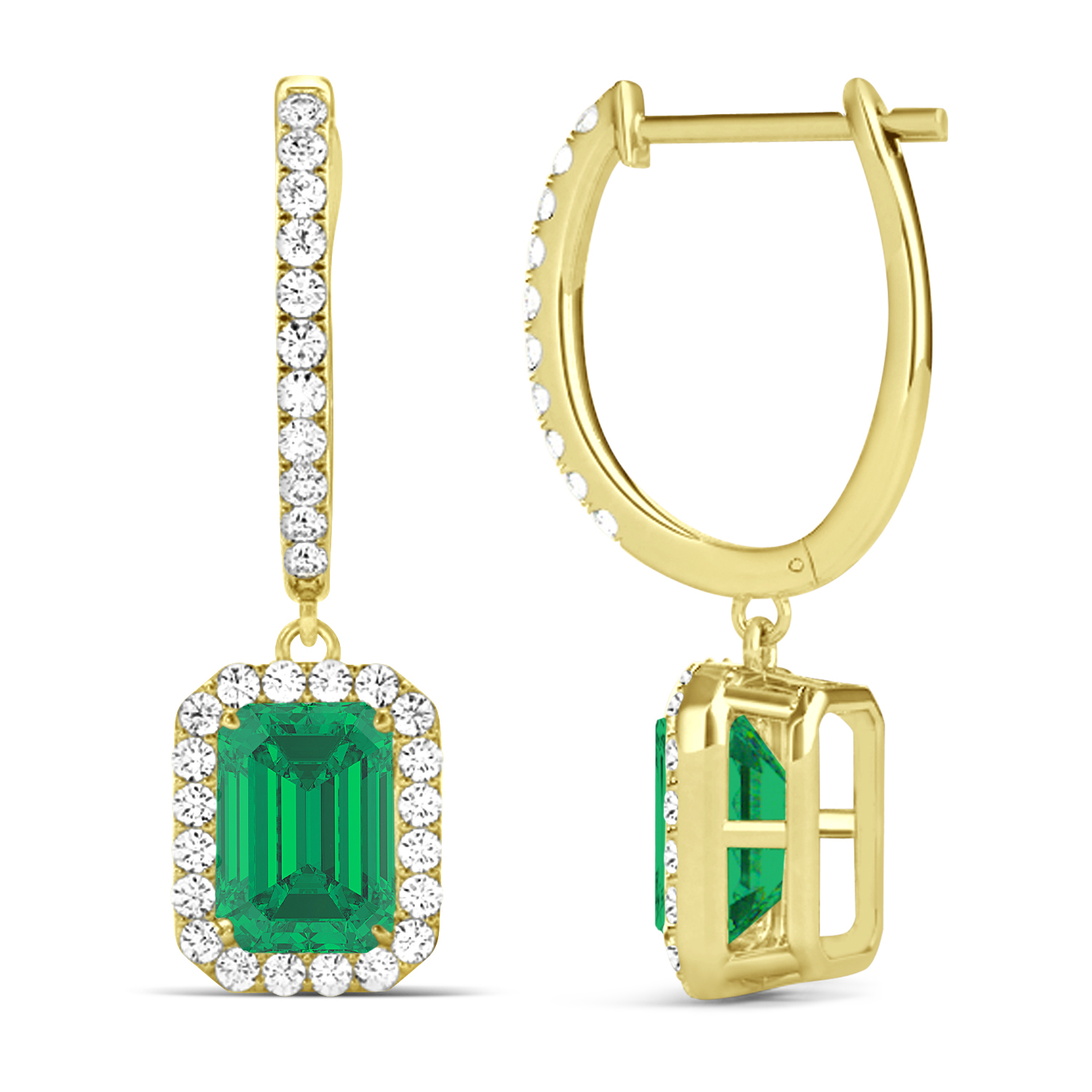 Emerald Shape Emerald & Diamond Halo Dangling Earrings 14k Yellow Gold (1.70ct)
