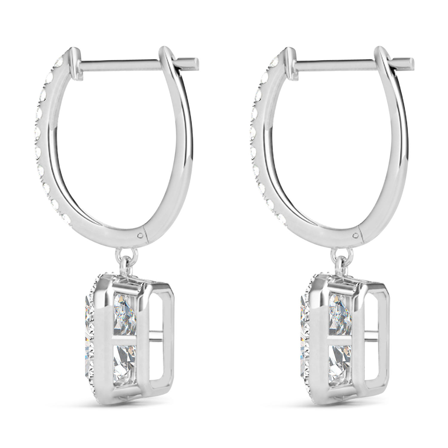 Emerald Shape Moissanite & Diamond Halo Dangling Earrings 14k White Gold (1.56ct)