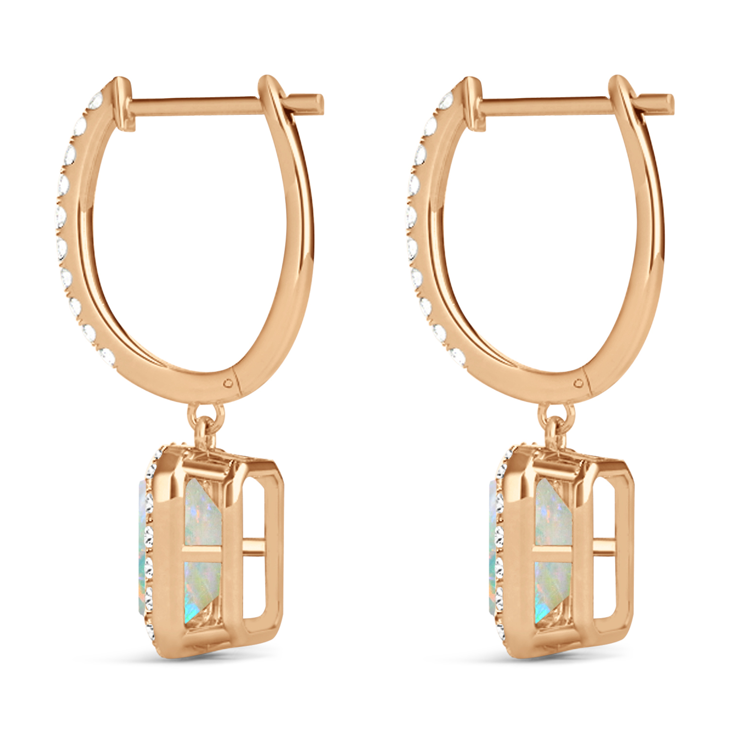 Emerald Shape Opal & Diamond Halo Dangling Earrings 14k Rose Gold (2.10ct)