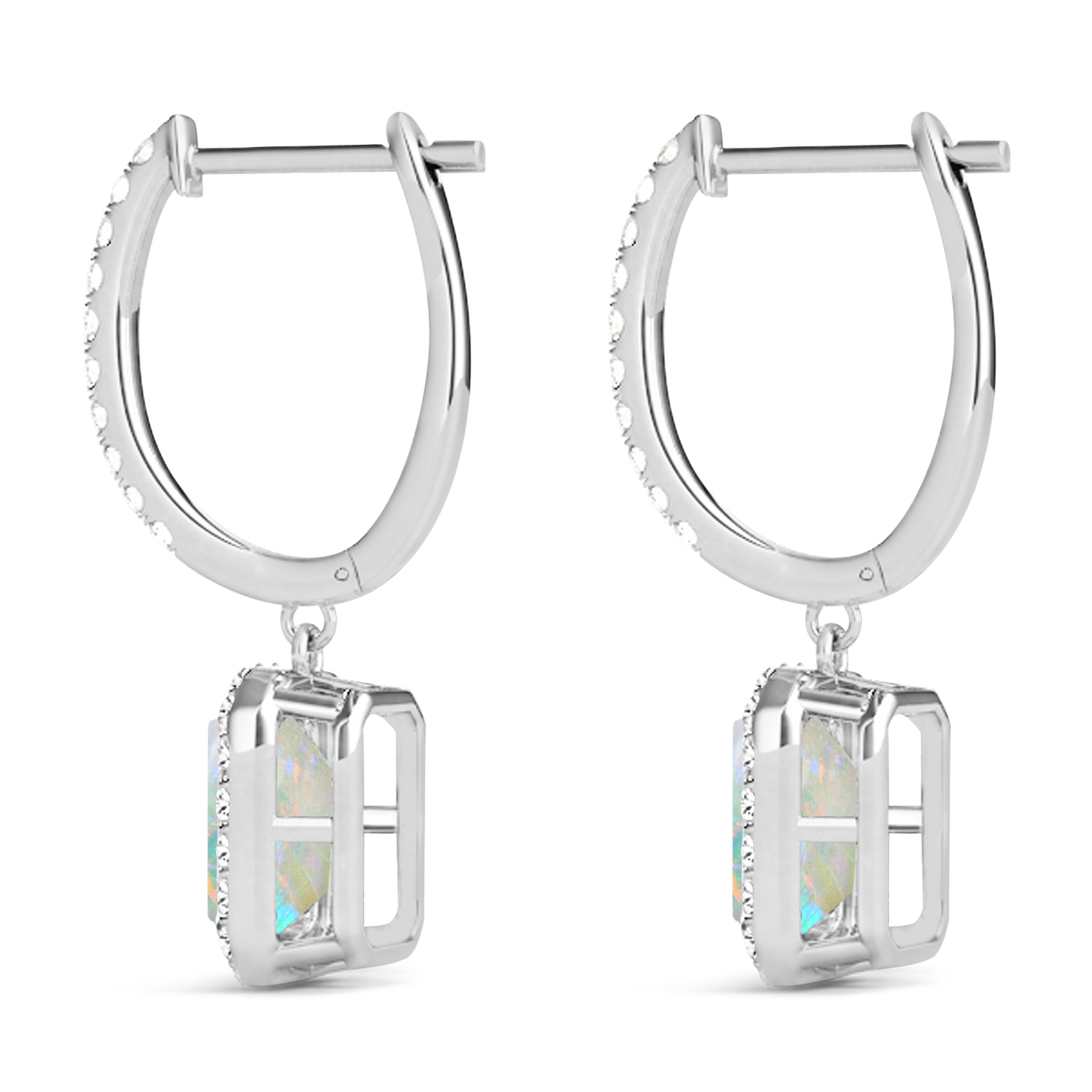 Emerald Shape Opal & Diamond Halo Dangling Earrings 14k White Gold (2.10ct)