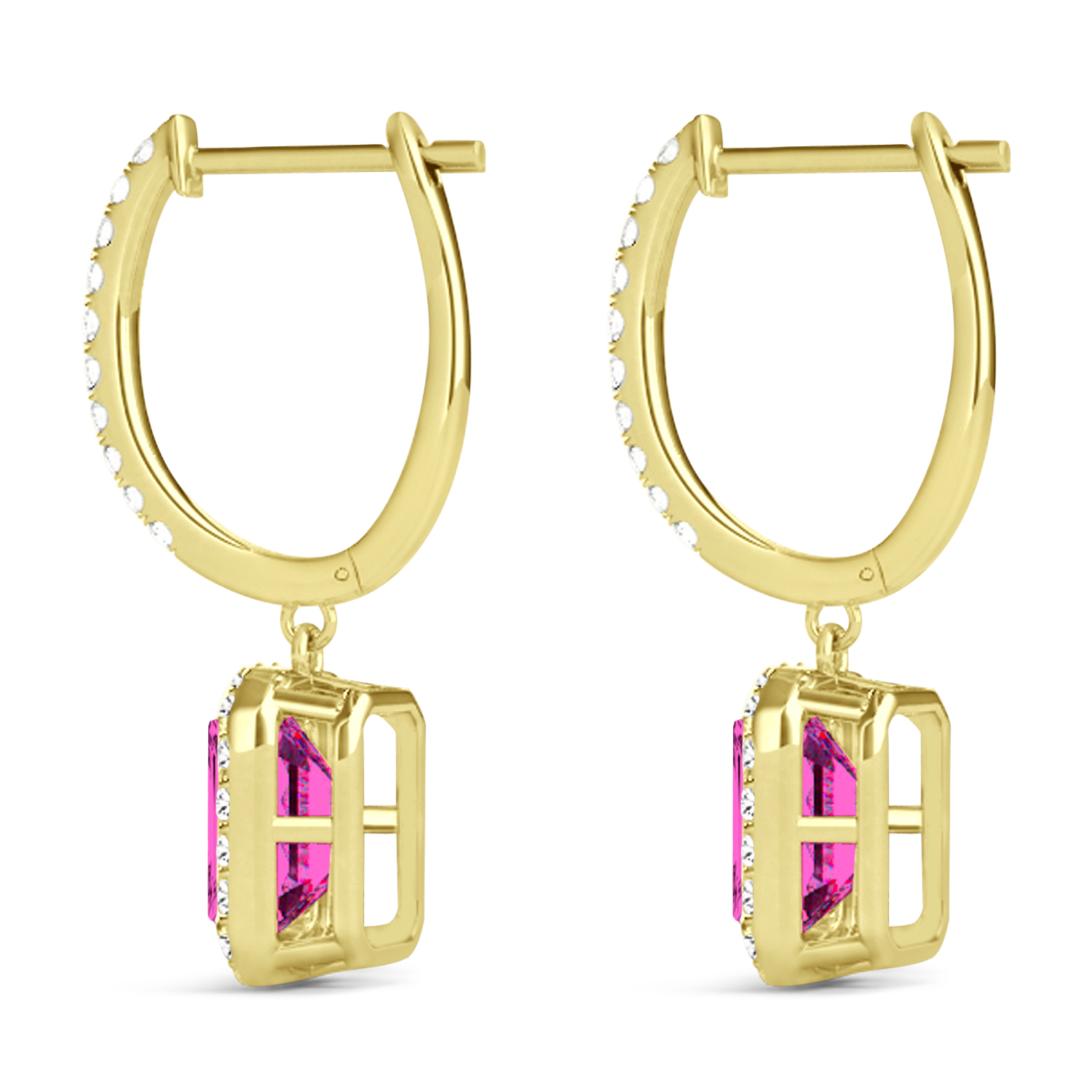 Emerald Shape Pink Topaz & Diamond Halo Dangling Earrings 14k Yellow Gold (1.80ct)