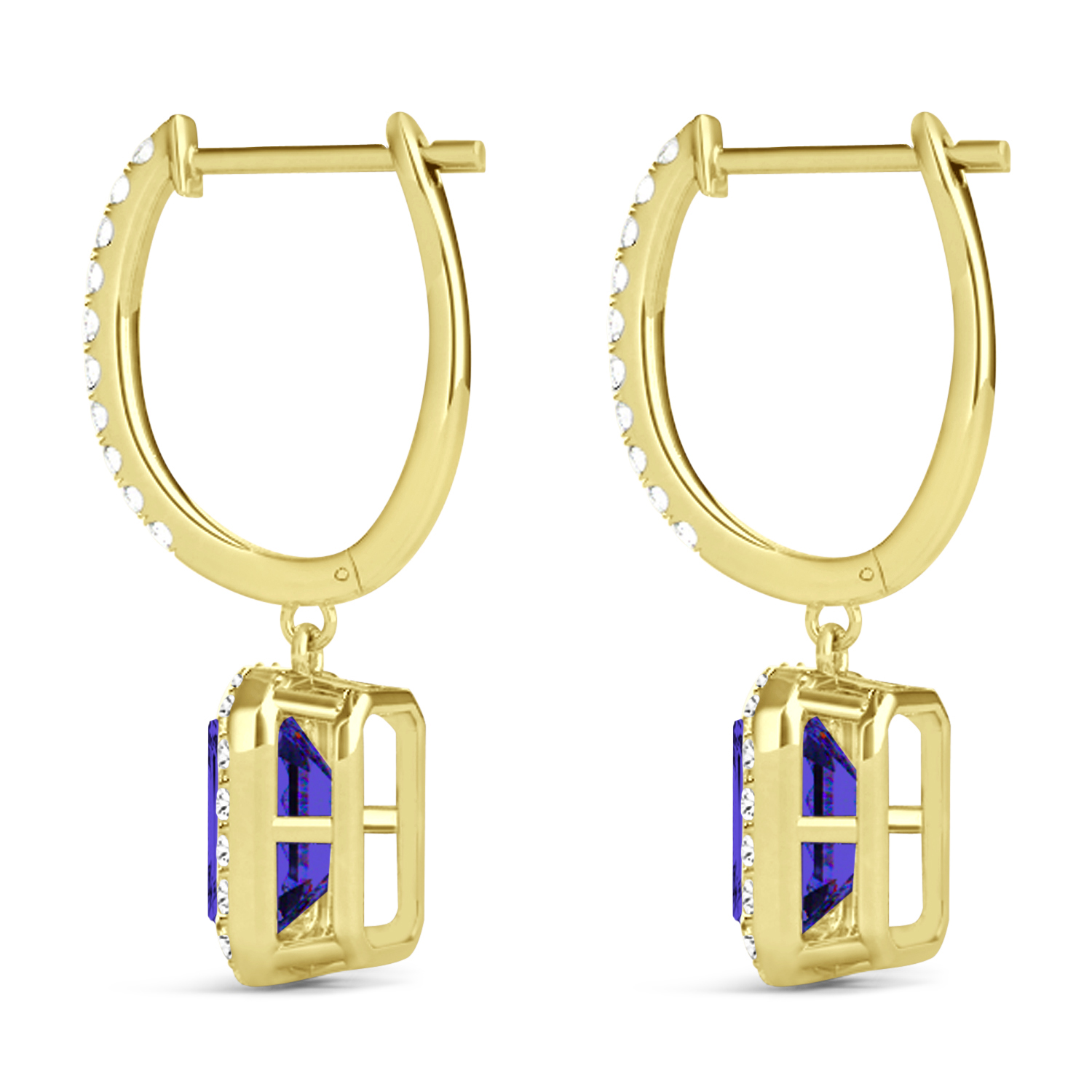 Emerald Shape Tanzanite & Diamond Halo Dangling Earrings 14k Yellow Gold (1.70ct)