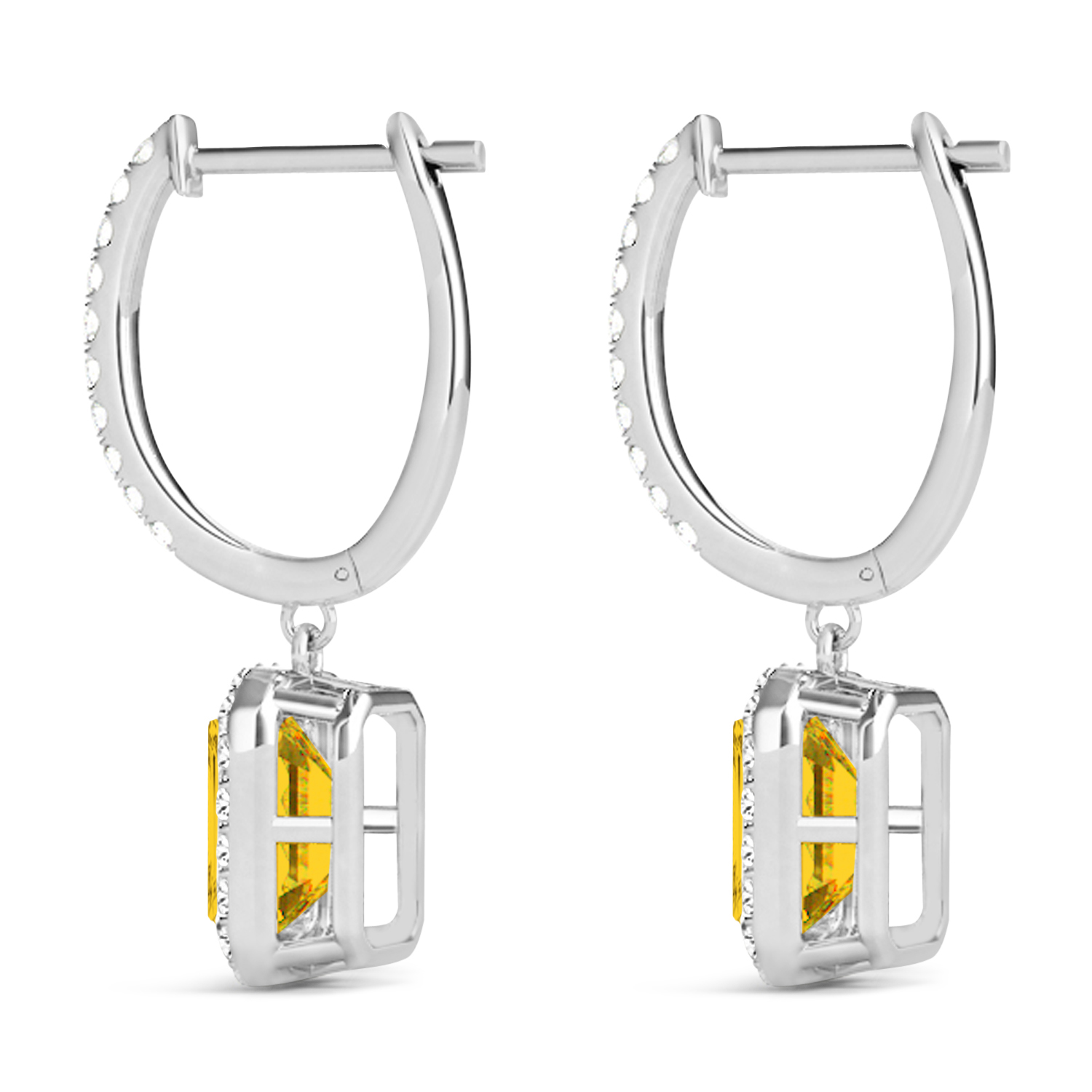 Emerald Shape Yellow Sapphire & Diamond Halo Dangling Earrings 14k White Gold (1.90ct)