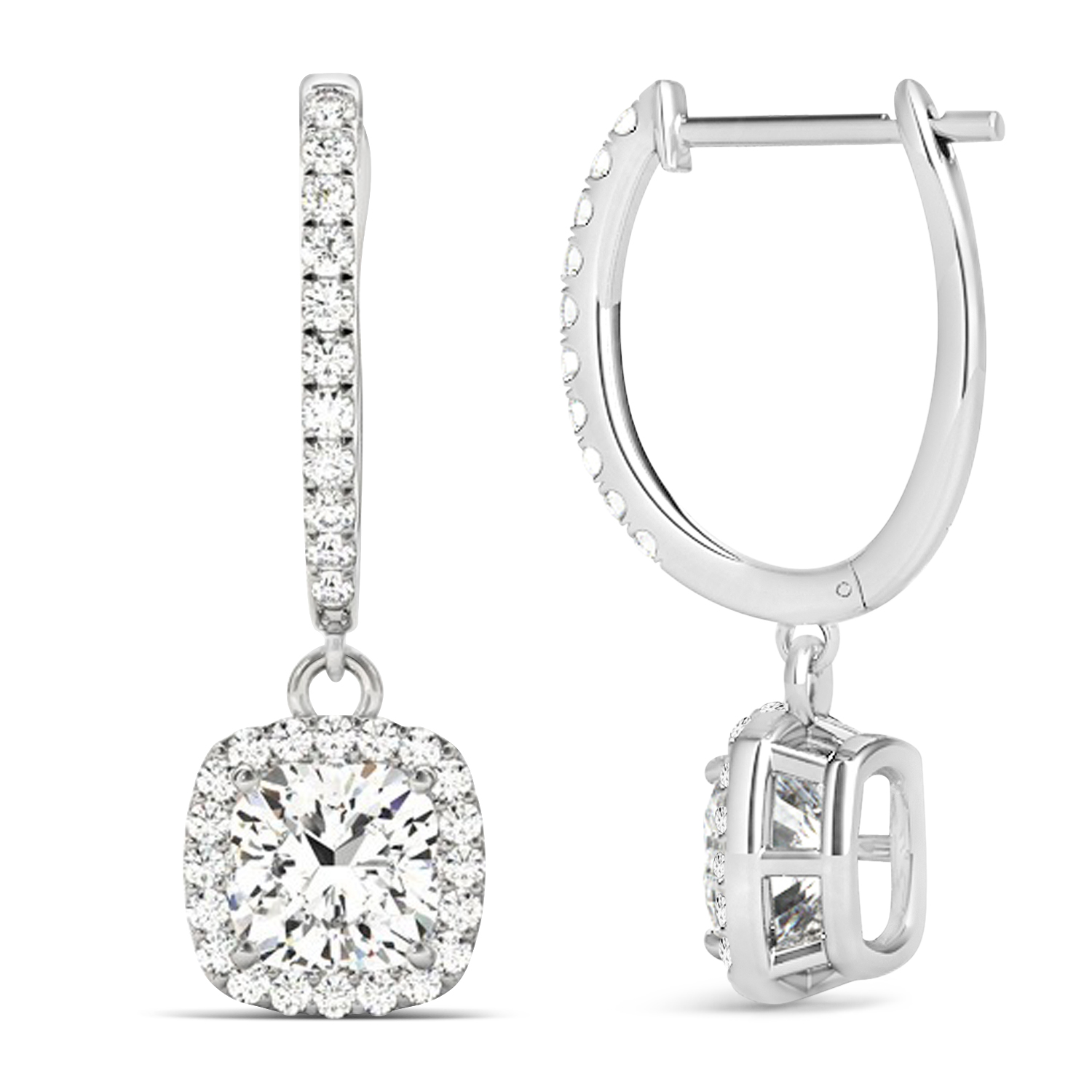 Cushion Shape Diamond Halo Dangling Earrings 14k White Gold (2.18ct)