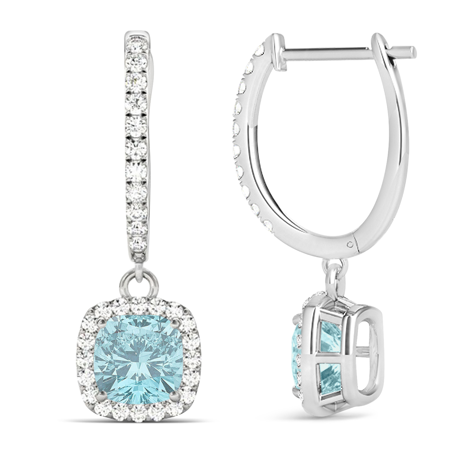 Cushion Lab Aquamarine & Lab Diamond Halo Dangling Earrings 14k White Gold (2.70ct)