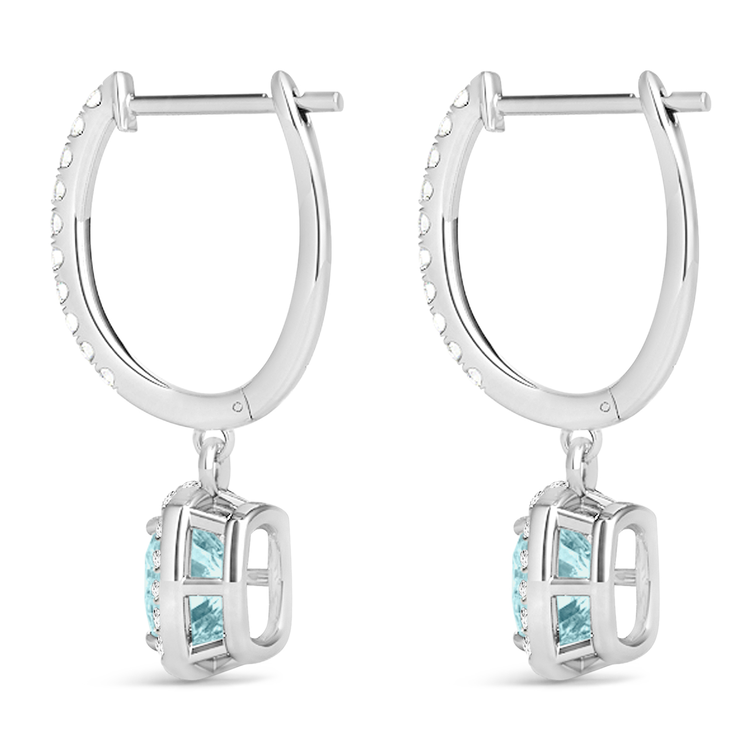 Cushion Lab Aquamarine & Lab Diamond Halo Dangling Earrings 14k White Gold (2.70ct)