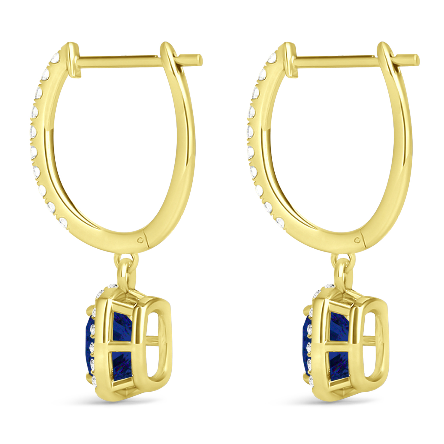 Cushion Lab Blue Sapphire & Lab Diamond Halo Dangling Earrings 14k Yellow Gold (2.70ct)