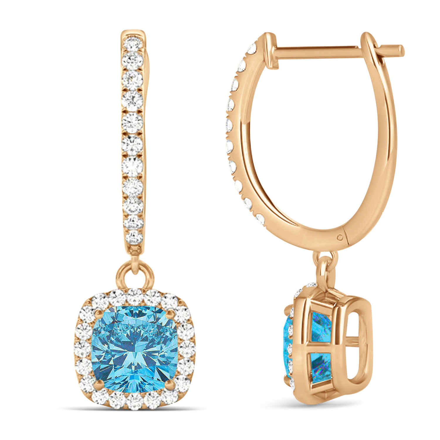 Cushion Blue Topaz & Diamond Halo Dangling Earrings 14k Rose Gold (3.00ct)