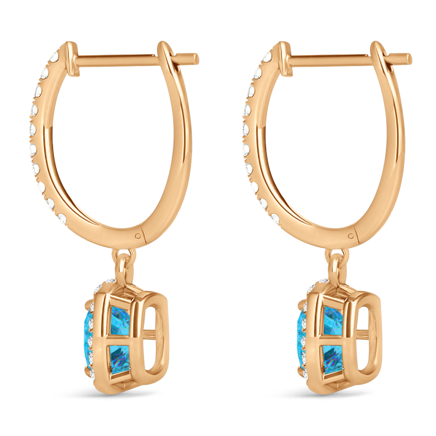 Cushion Blue Topaz & Diamond Halo Dangling Earrings 14k Rose Gold (3.00ct)