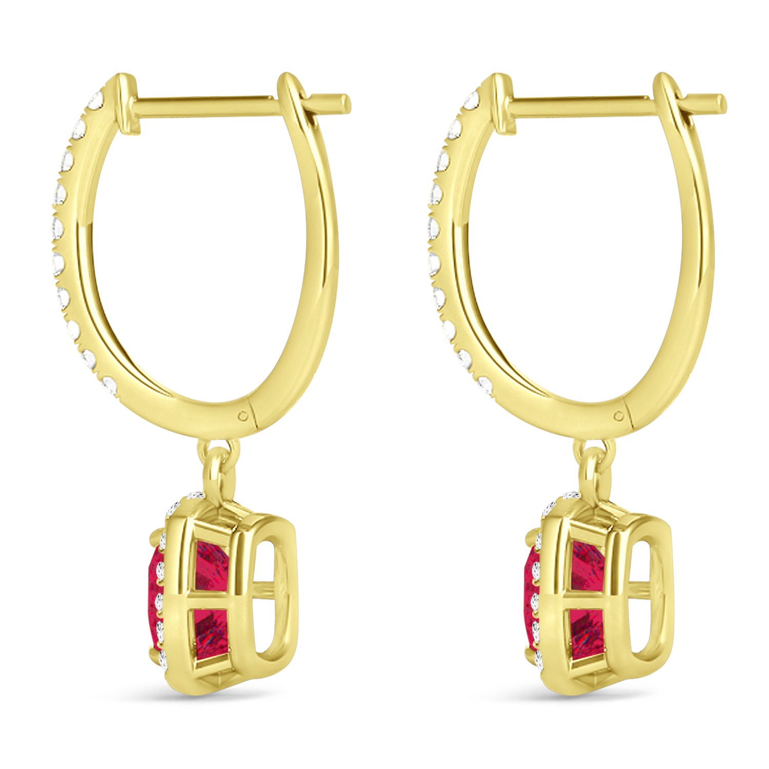 Cushion Lab Ruby & Lab Diamond Halo Dangling Earrings 14k Yellow Gold (3.40ct)