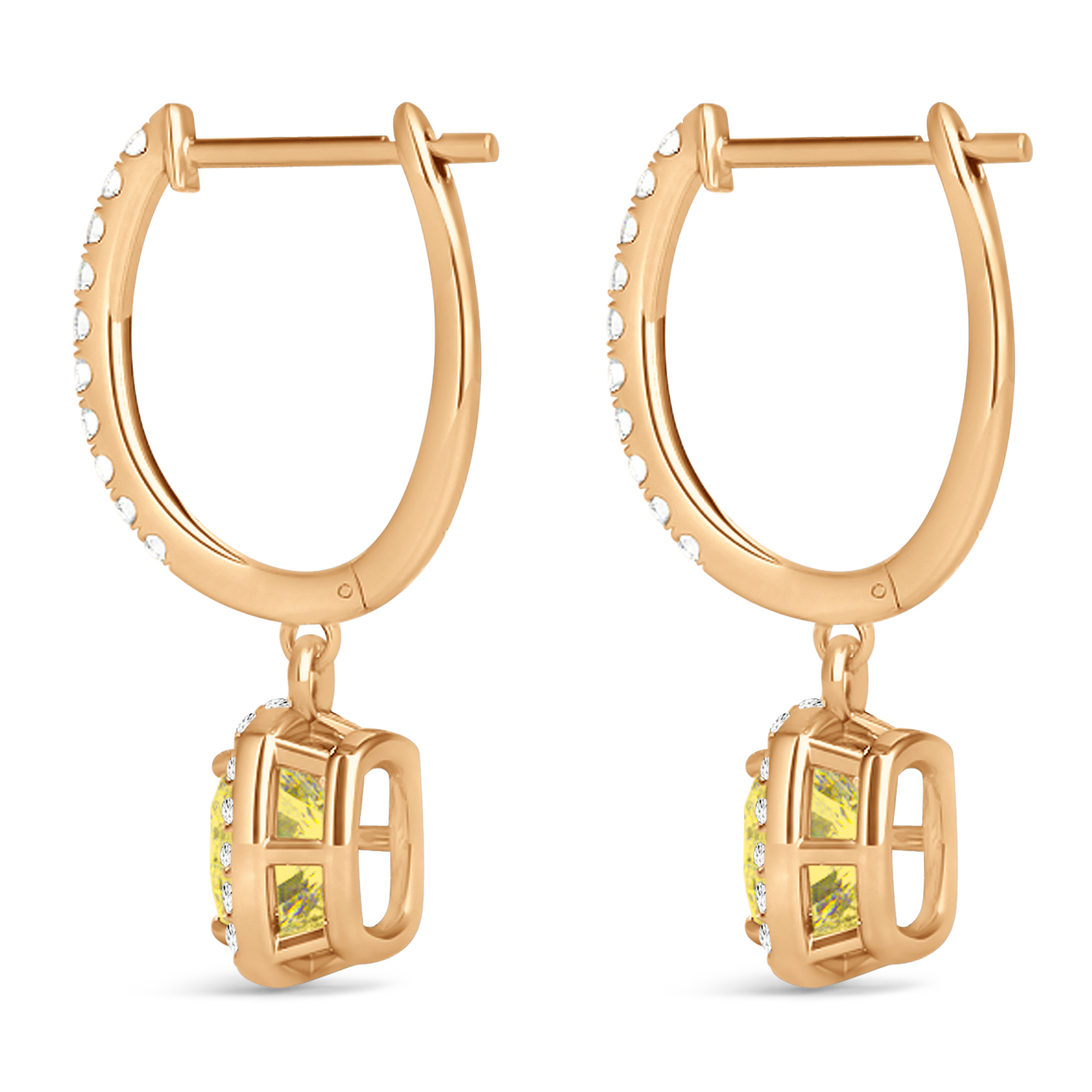 Cushion Shape Yellow Diamond & Diamond Halo Dangling Earrings 14k Rose Gold (2.18ct)
