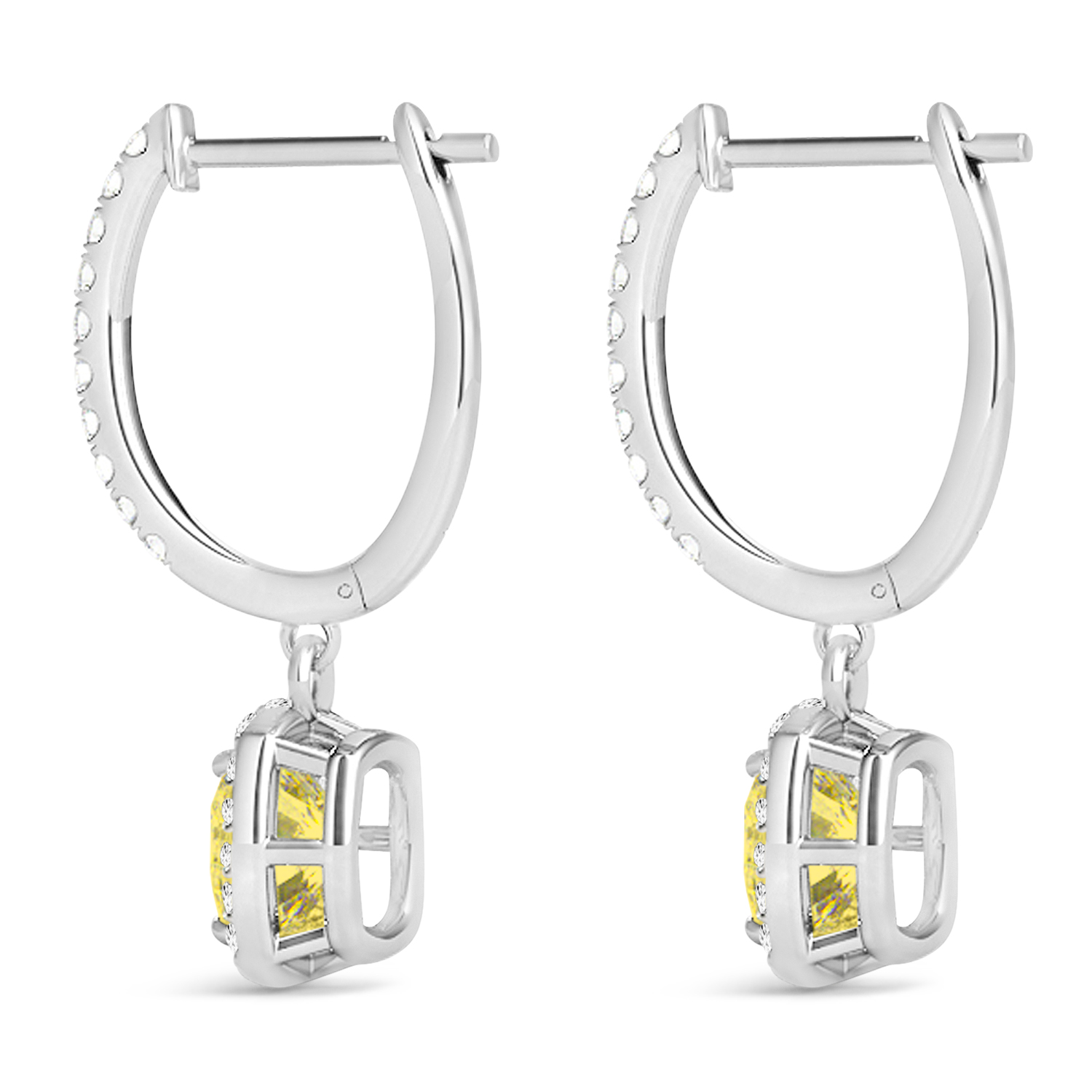 Cushion Shape Yellow Diamond & Diamond Halo Dangling Earrings 14k White Gold (2.18ct)