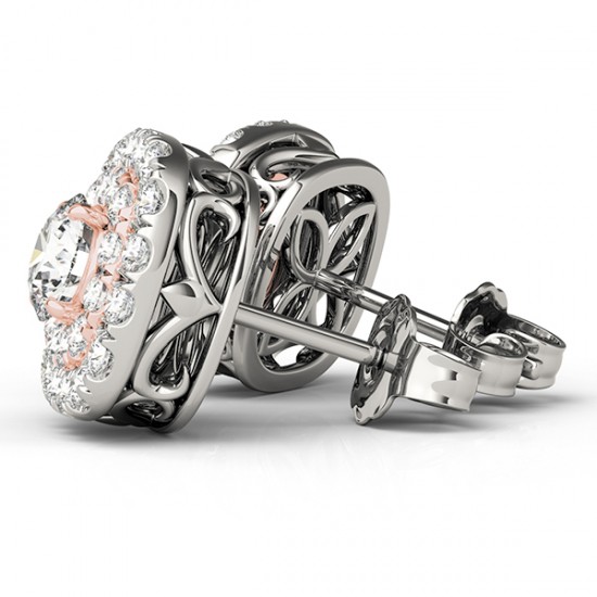 Round Cut Double Cushion Halo Stud Earrings 14k Two Tone Gold (1.50ct)