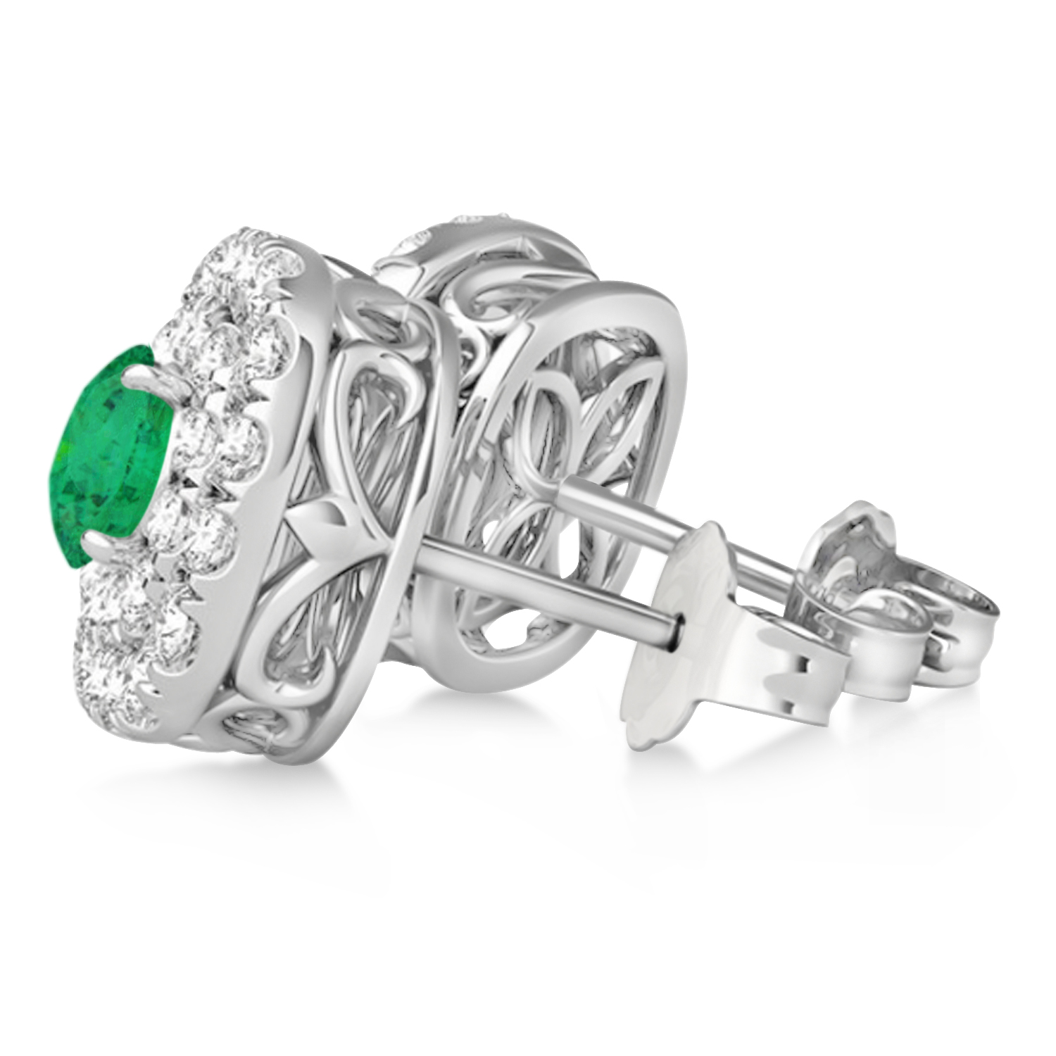 Double Halo Emerald & Diamond Earrings 14k White Gold (1.36ct)
