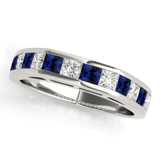 Diamond and Blue Sapphire Accented Wedding Band Platinum 1.20ct