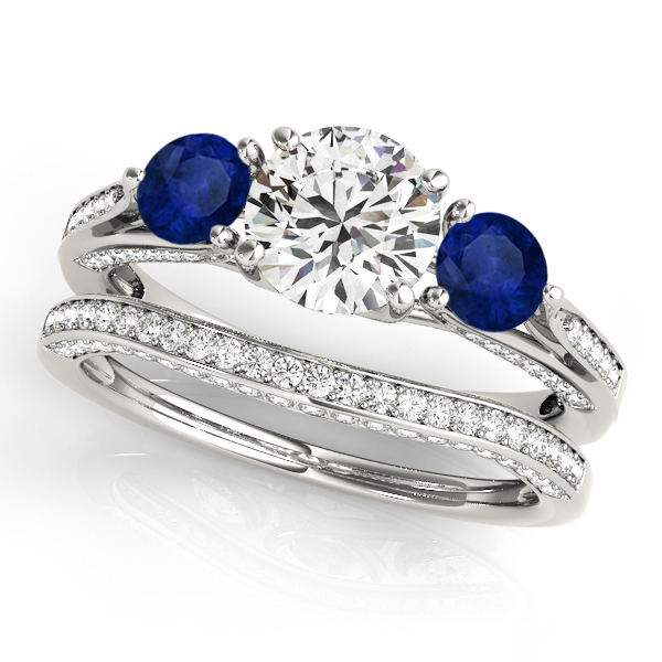 Three Stone Round Blue Sapphire Bridal Set 14k White Gold (1.92ct)