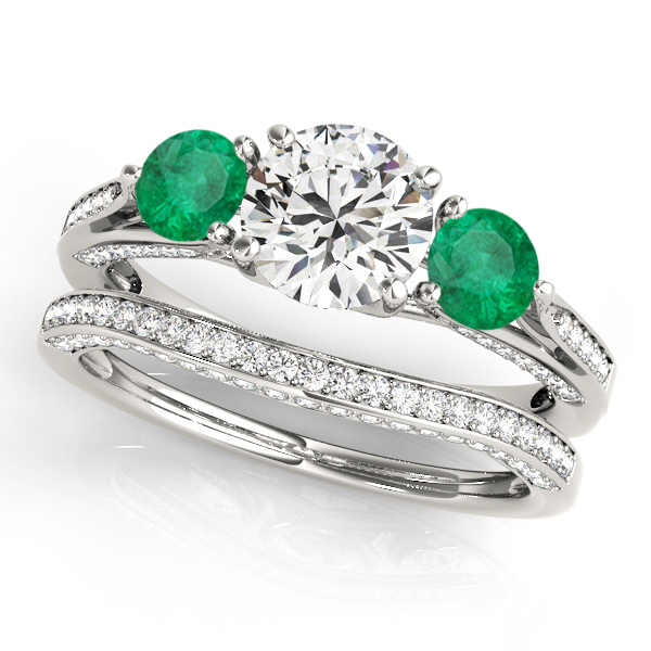 Three Stone Round Emerald Bridal Set 18k White Gold (1.92ct)