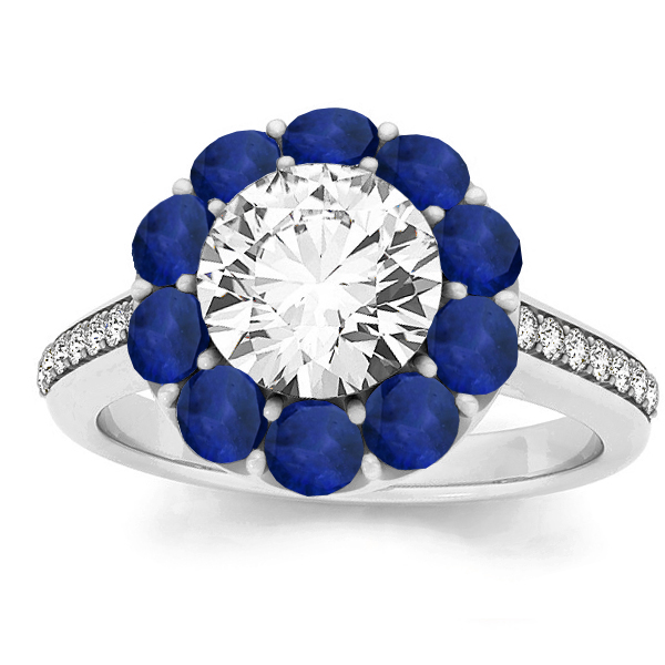 Diamond & Blue Sapphire Floral Bridal Set Setting 14k White Gold (1.23ct)