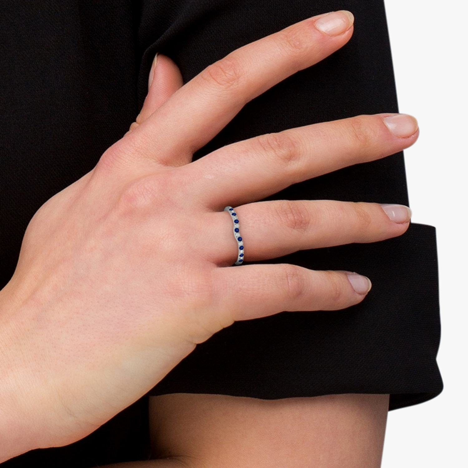 Diamond & Blue Sapphire Contoured Wedding Band 14k White Gold (0.11ct)