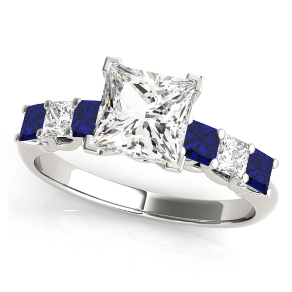 Sidestone Princess Blue Sapphire & Diamond Engagement Ring 14k White Gold (2.10ct)